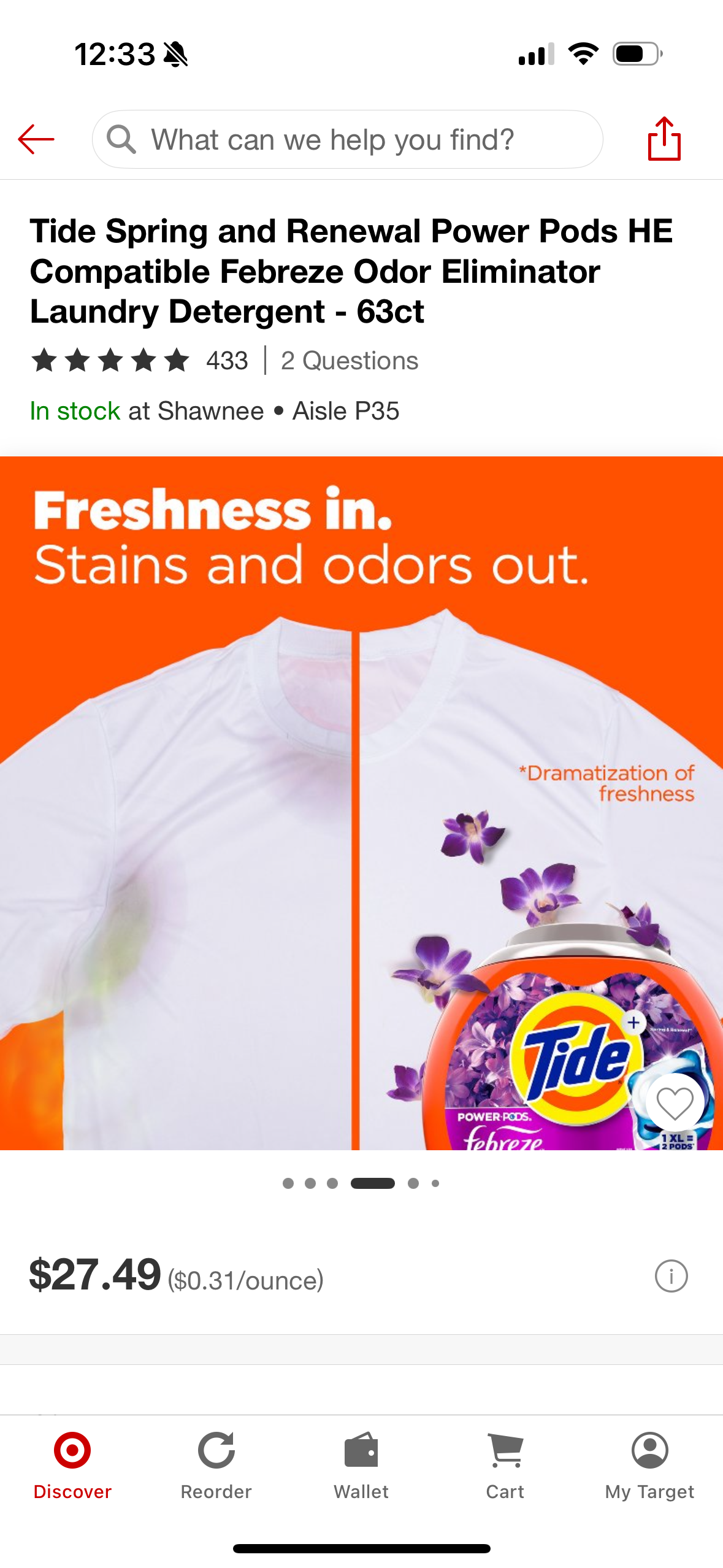 Tide Spring and Renewal Power Pods HE Compatible Febreze Odor Eliminator Laundry Detergent - 63ct