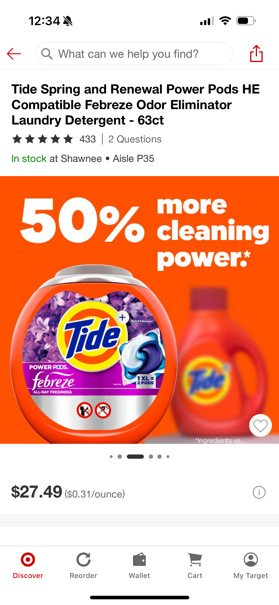 Tide Spring and Renewal Power Pods HE Compatible Febreze Odor Eliminator Laundry Detergent - 63ct