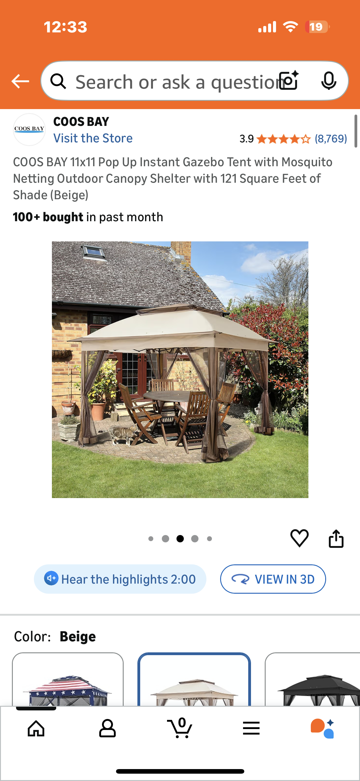 COOS BAY 11x11 Pop Up Instant Gazebo Tent with Mosquito Netting, Outdoor Canopy Shelter with 121 Square Feet of Shade (Beige) (G933)