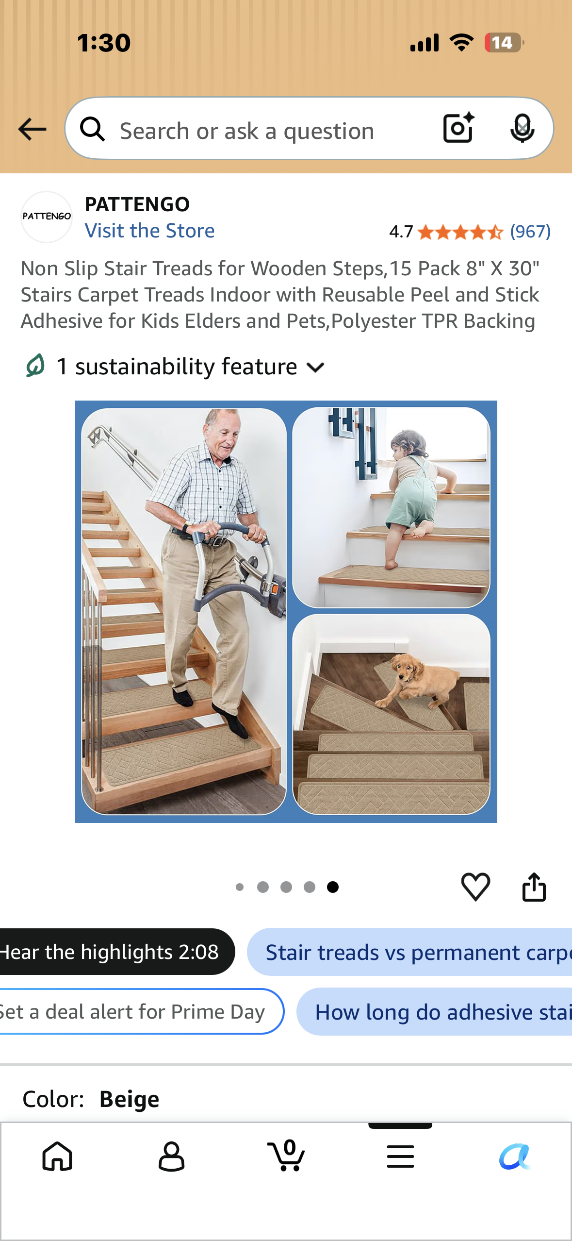 15 PCS Stair Treads, Non Slip Peel and Stick Carpet Stair Treads for Wooden Steps, Indoor 8x30 inch Self Adhesive Stair Runner, Beige