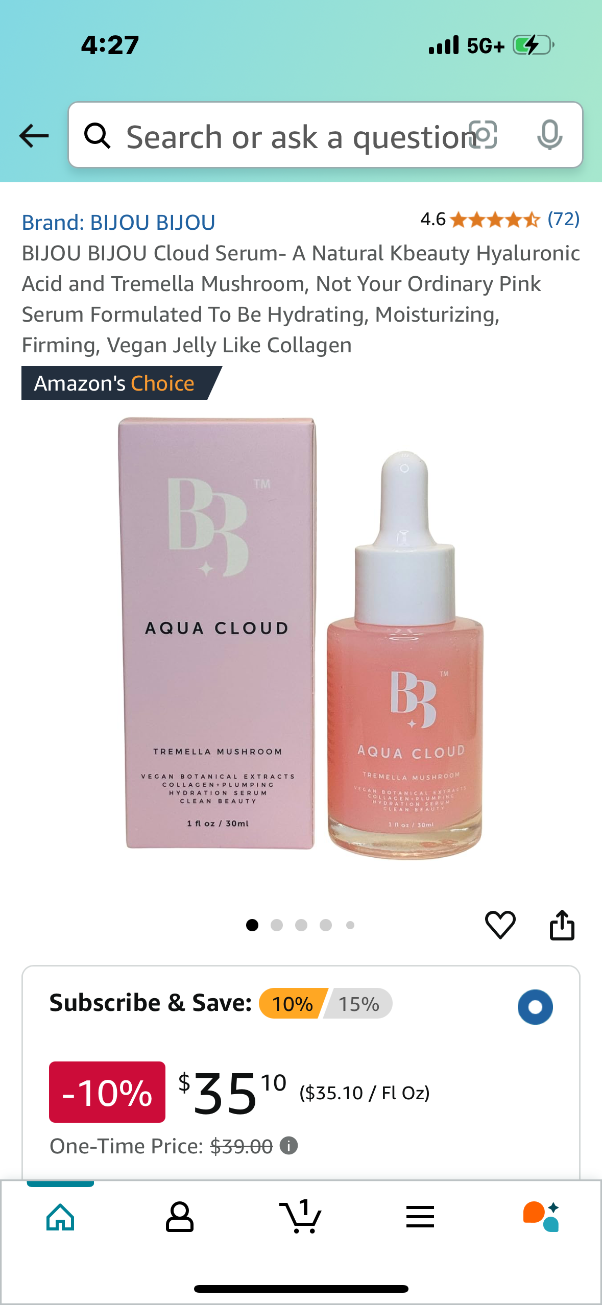 BIJOU BIJOU Cloud Serum- A Natural Kbeauty Hyaluronic Acid and Tremella Mushroom, Not Your Ordinary Pink Serum Formulated To Be Hydrating, Moisturizing, Firming, Vegan Jelly Like Collagen