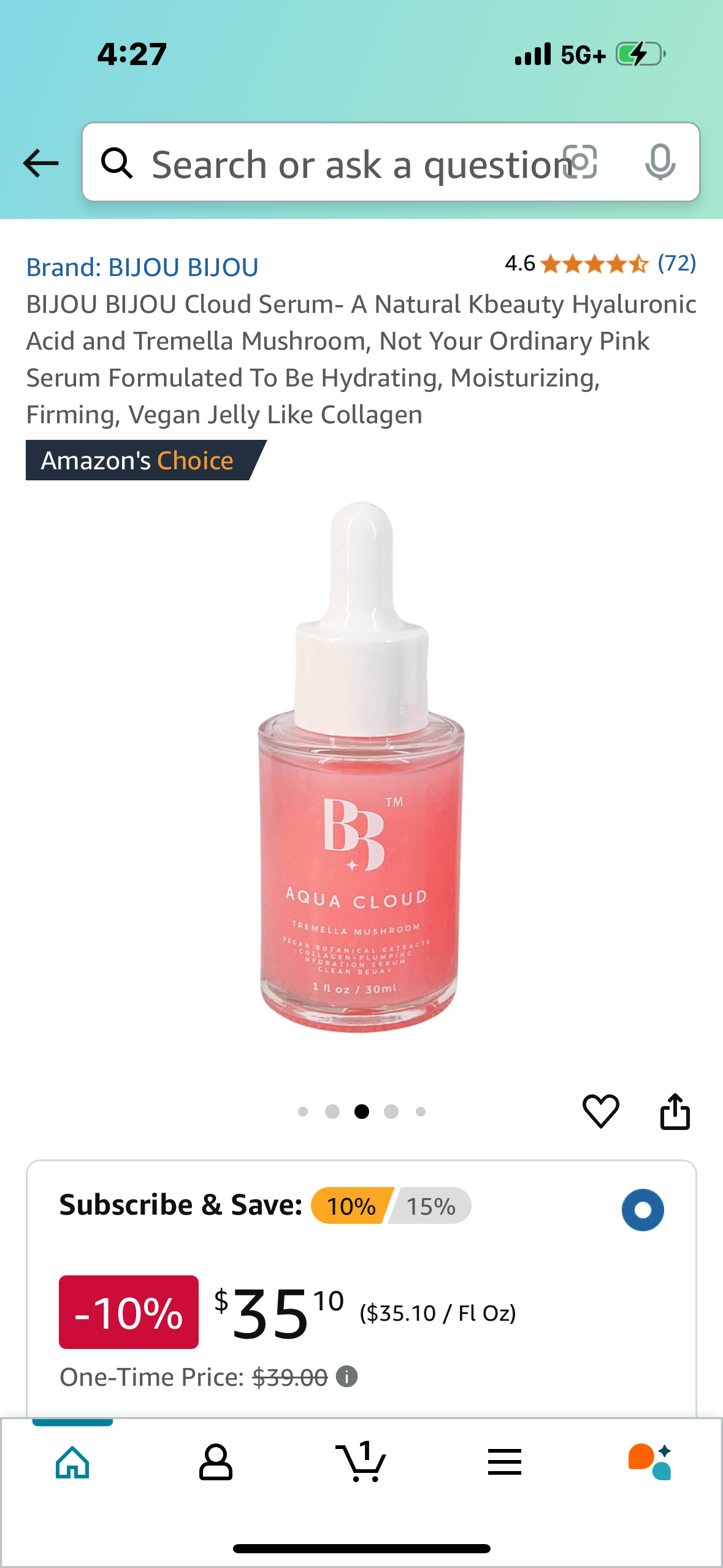 BIJOU BIJOU Cloud Serum- A Natural Kbeauty Hyaluronic Acid and Tremella Mushroom, Not Your Ordinary Pink Serum Formulated To Be Hydrating, Moisturizing, Firming, Vegan Jelly Like Collagen