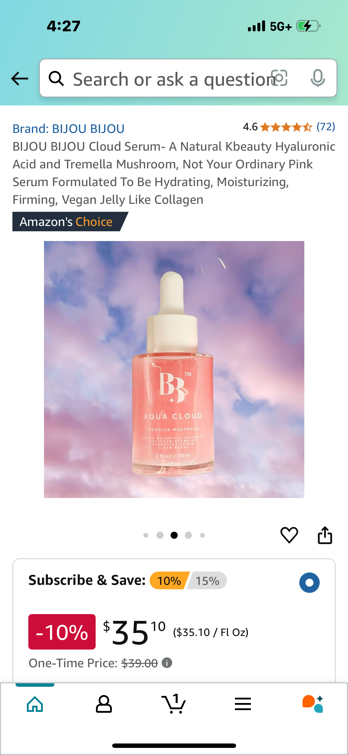 BIJOU BIJOU Cloud Serum- A Natural Kbeauty Hyaluronic Acid and Tremella Mushroom, Not Your Ordinary Pink Serum Formulated To Be Hydrating, Moisturizing, Firming, Vegan Jelly Like Collagen
