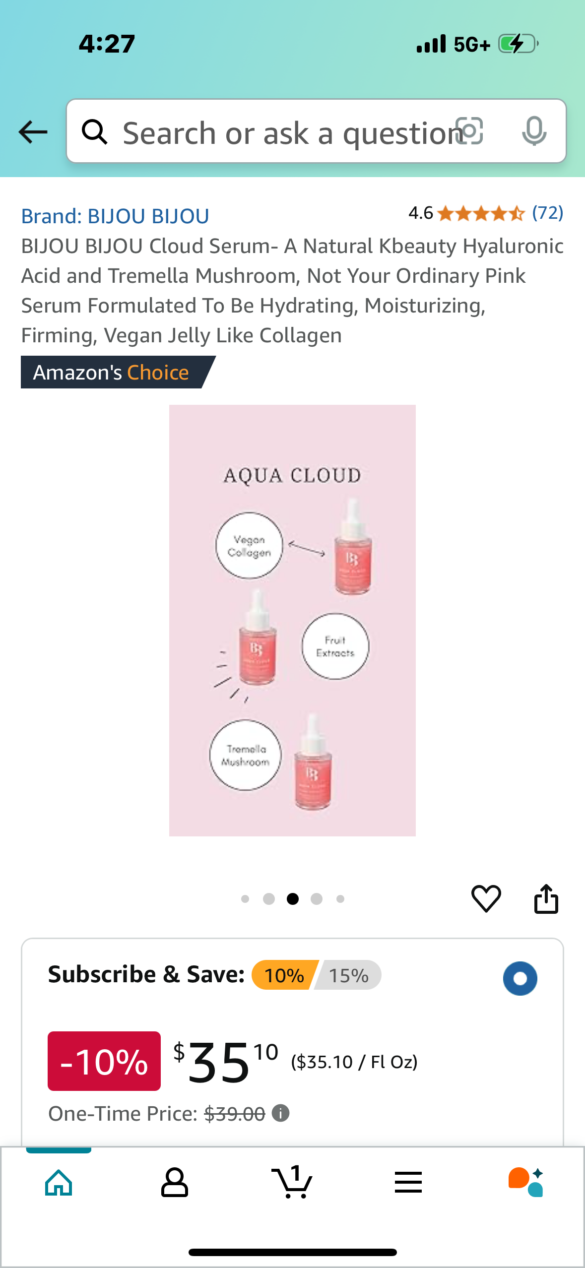 BIJOU BIJOU Cloud Serum- A Natural Kbeauty Hyaluronic Acid and Tremella Mushroom, Not Your Ordinary Pink Serum Formulated To Be Hydrating, Moisturizing, Firming, Vegan Jelly Like Collagen