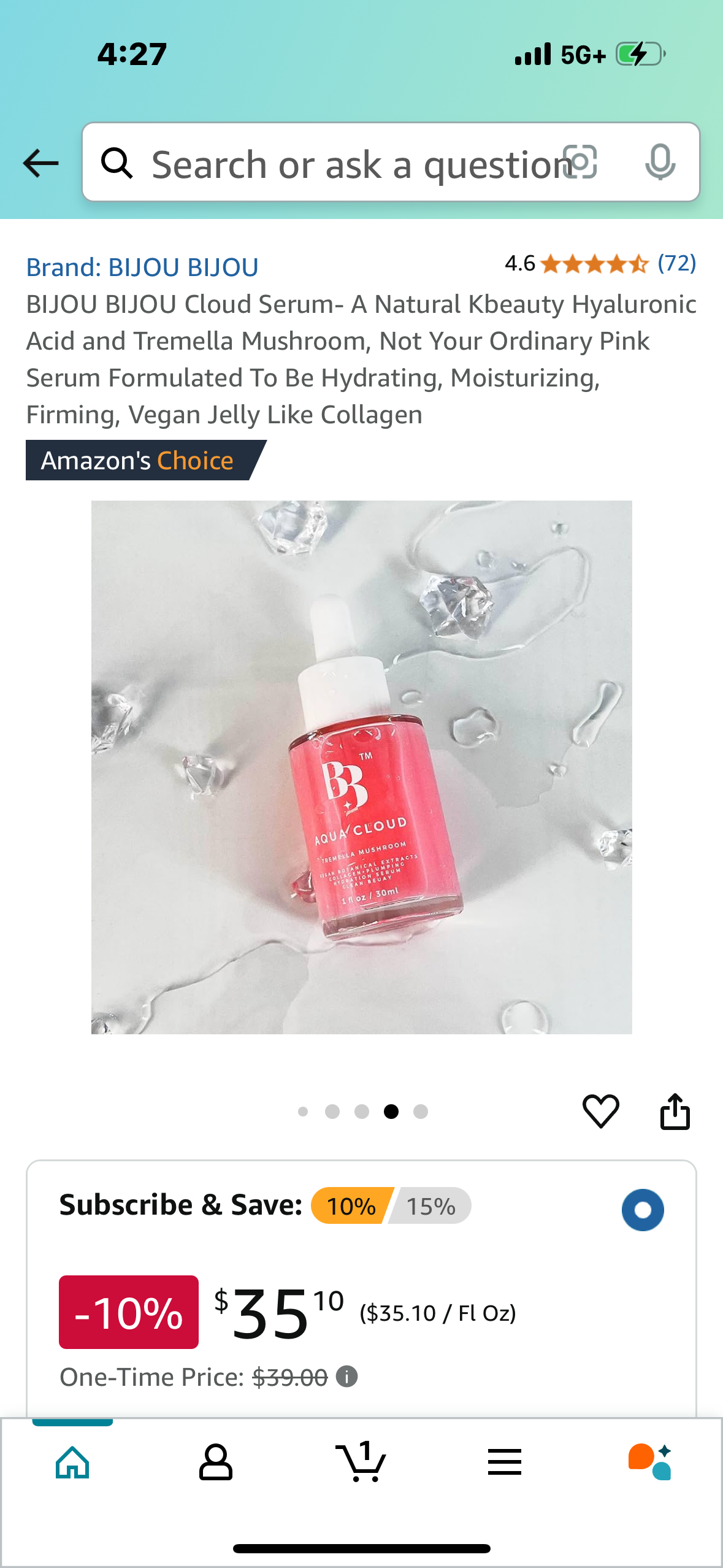BIJOU BIJOU Cloud Serum- A Natural Kbeauty Hyaluronic Acid and Tremella Mushroom, Not Your Ordinary Pink Serum Formulated To Be Hydrating, Moisturizing, Firming, Vegan Jelly Like Collagen