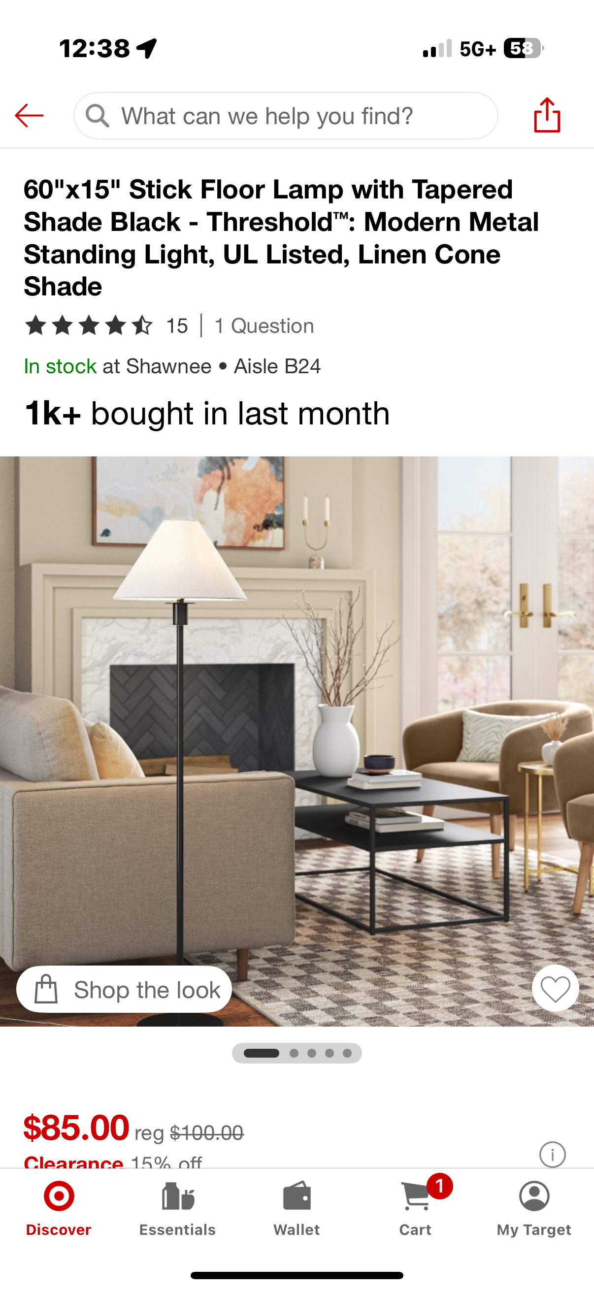 60"x15" Stick Floor Lamp with Tapered Shade Black - Threshold™: Modern Metal Standing Light, UL Listed, Linen Cone Shade
