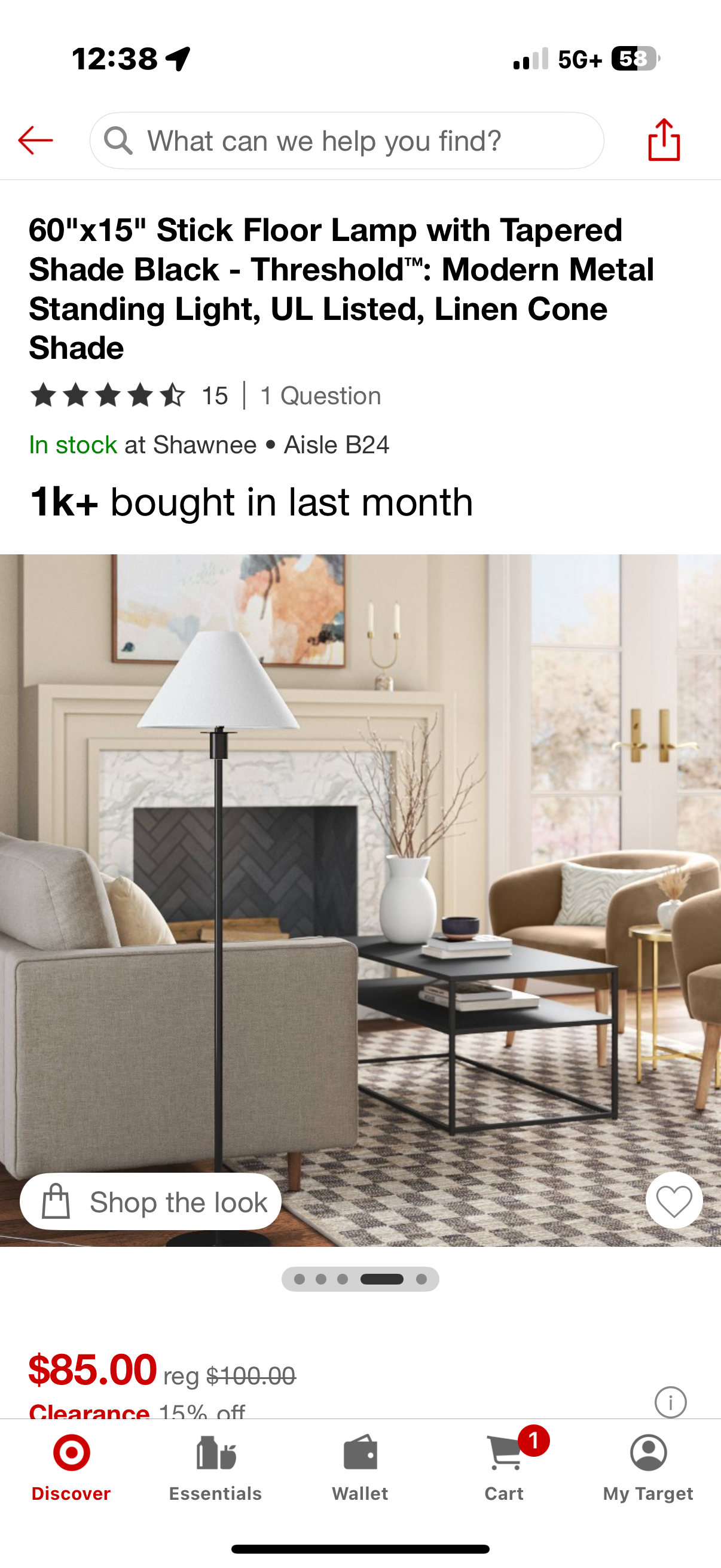 60"x15" Stick Floor Lamp with Tapered Shade Black - Threshold™: Modern Metal Standing Light, UL Listed, Linen Cone Shade