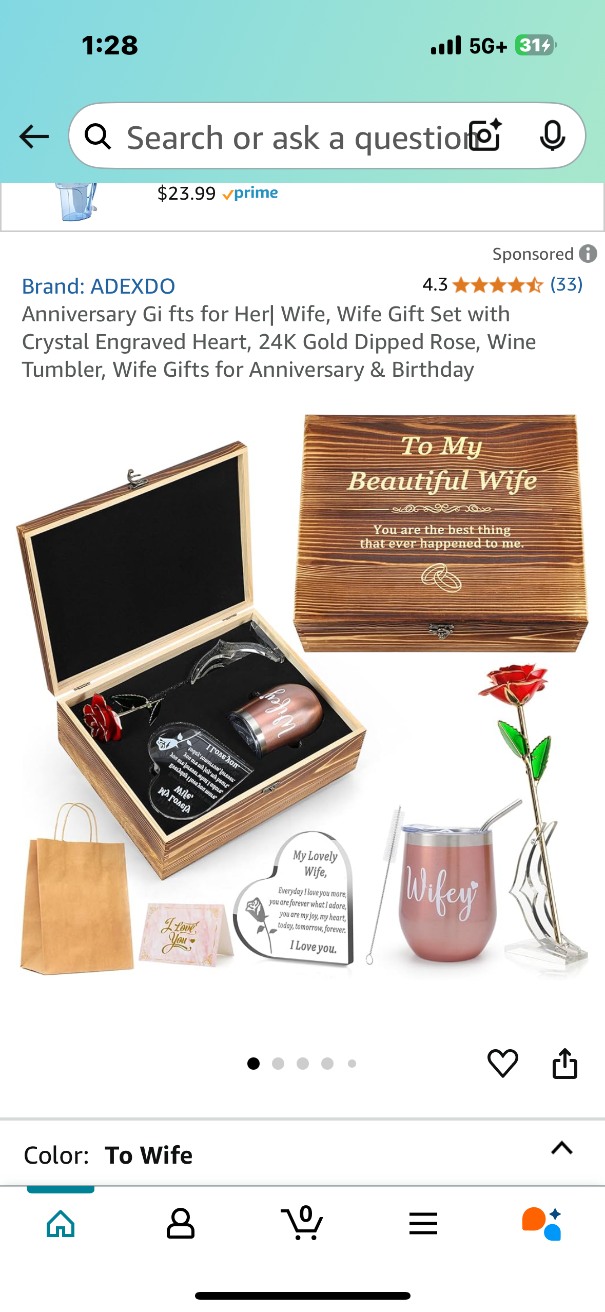 Mothers Day Gift Set with Crystal Engraved Heart, 24K Gold Dipped Rose, Wine Tumbler,