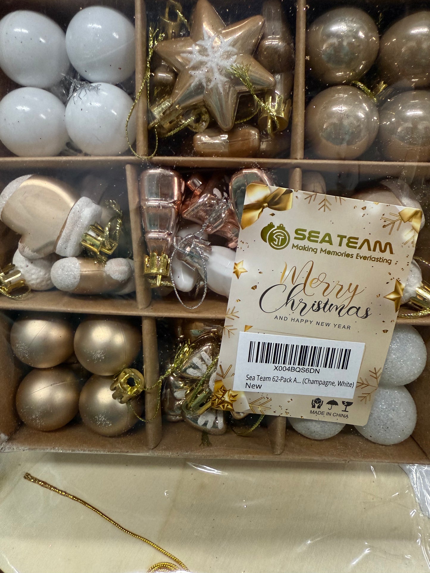 Sea Team 62-Pack Assorted Shatterproof Plastic Christmas Ball Ornaments Set, Miniature Baubles, Pendants, Decorations for Small Xmas Tree, DIY Wreath, Garland (Champagne, White)