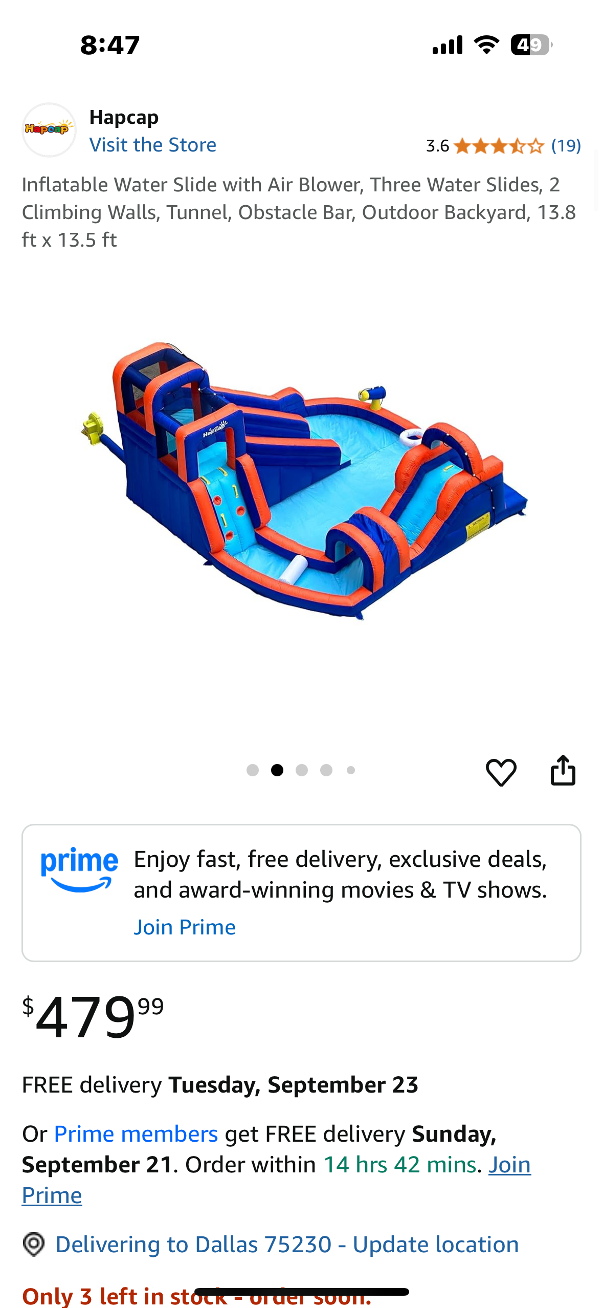 HAPCAP Inflatable Water Slide with Air Blower, Three Water Slides, 2
Climbing Walls, Tunnel, Obstacle Bar, Outdoor Backyard, 13.8 ft x 13.5 ft (W501)