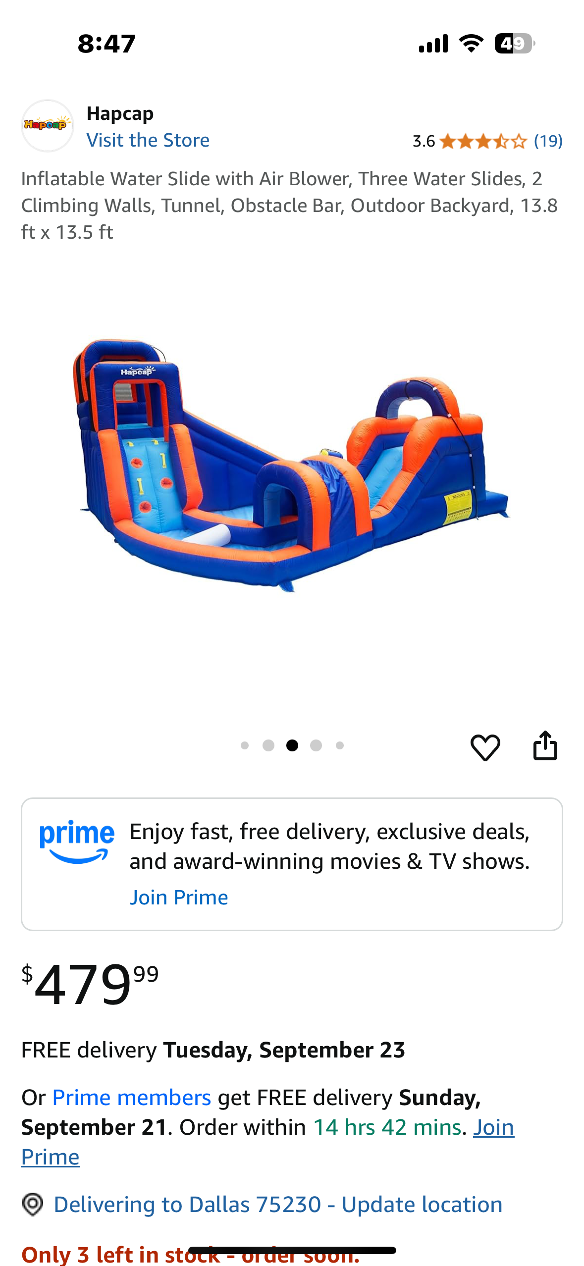 HAPCAP Inflatable Water Slide with Air Blower, Three Water Slides, 2
Climbing Walls, Tunnel, Obstacle Bar, Outdoor Backyard, 13.8 ft x 13.5 ft (W501)