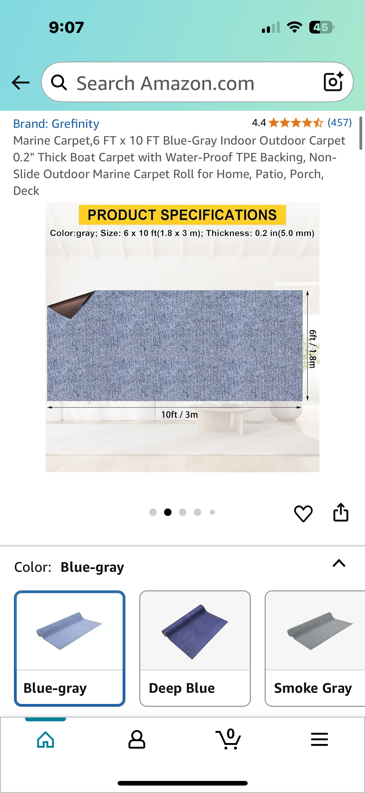 Marine Carpet,6 FT x 10 FT Blue-Gray Indoor Outdoor Carpet with Water-Proof TPE Backing, Non-Slide Outdoor Marine Carpet Roll for Home, Patio, Porch, Deck (G850)