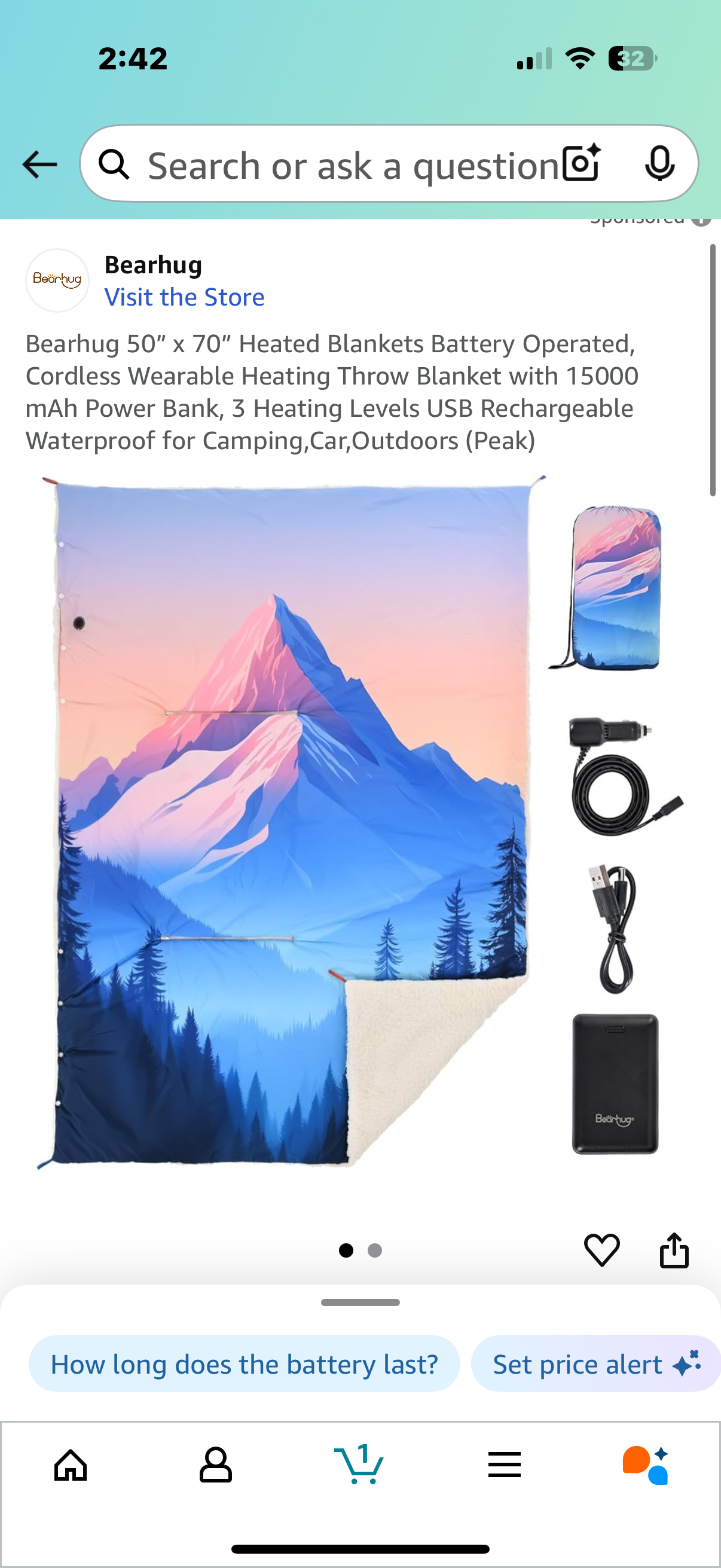 Bearhug 50” x 70” Heated Blankets Battery Operated, Cordless Wearable Heating Throw Blanket with 15000 mAh Power Bank, 3 Heating Levels USB Rechargeable Waterproof for Camping,Car,Outdoors (Peak