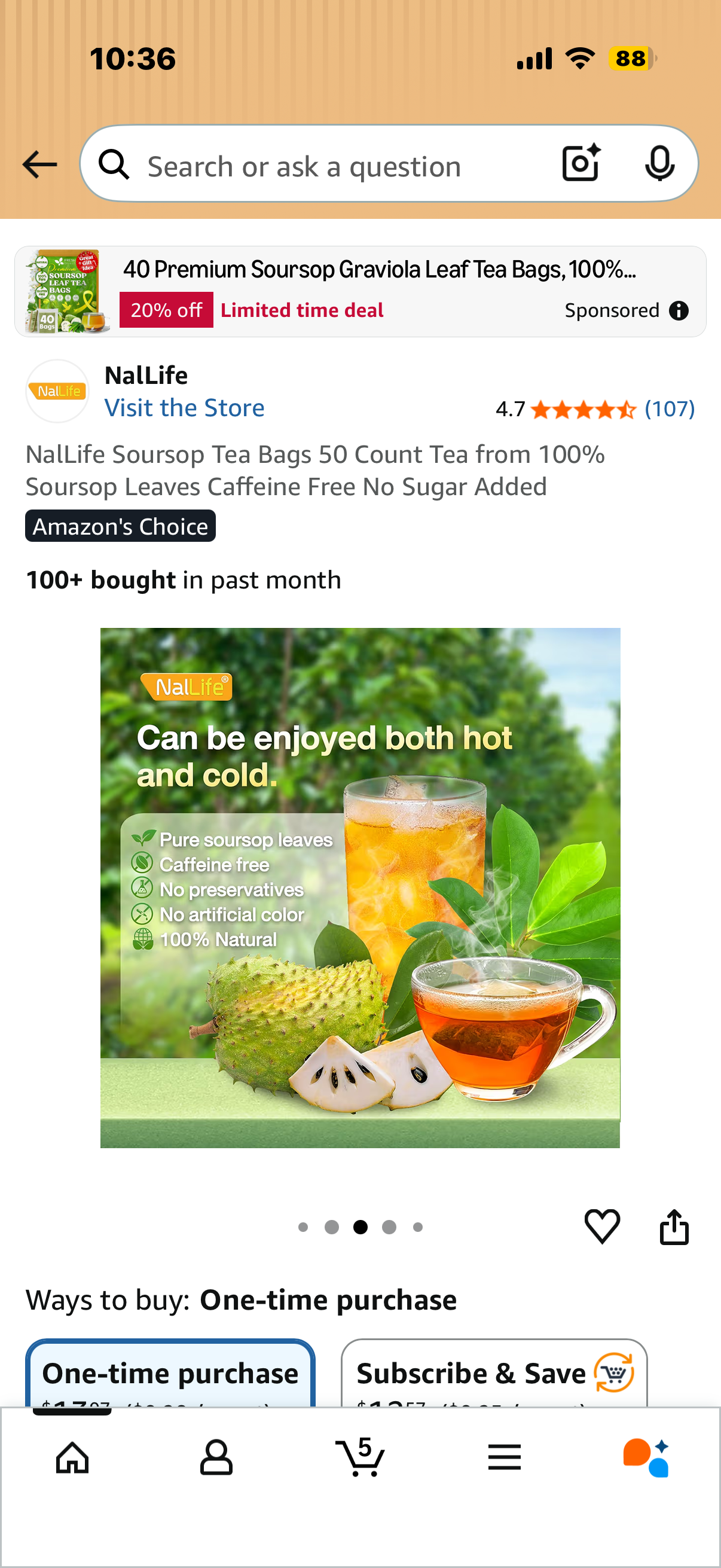 NalLife Soursop Tea Bags 50 Count Tea from 100% Soursop Leaves Caffeine Free No Sugar Added