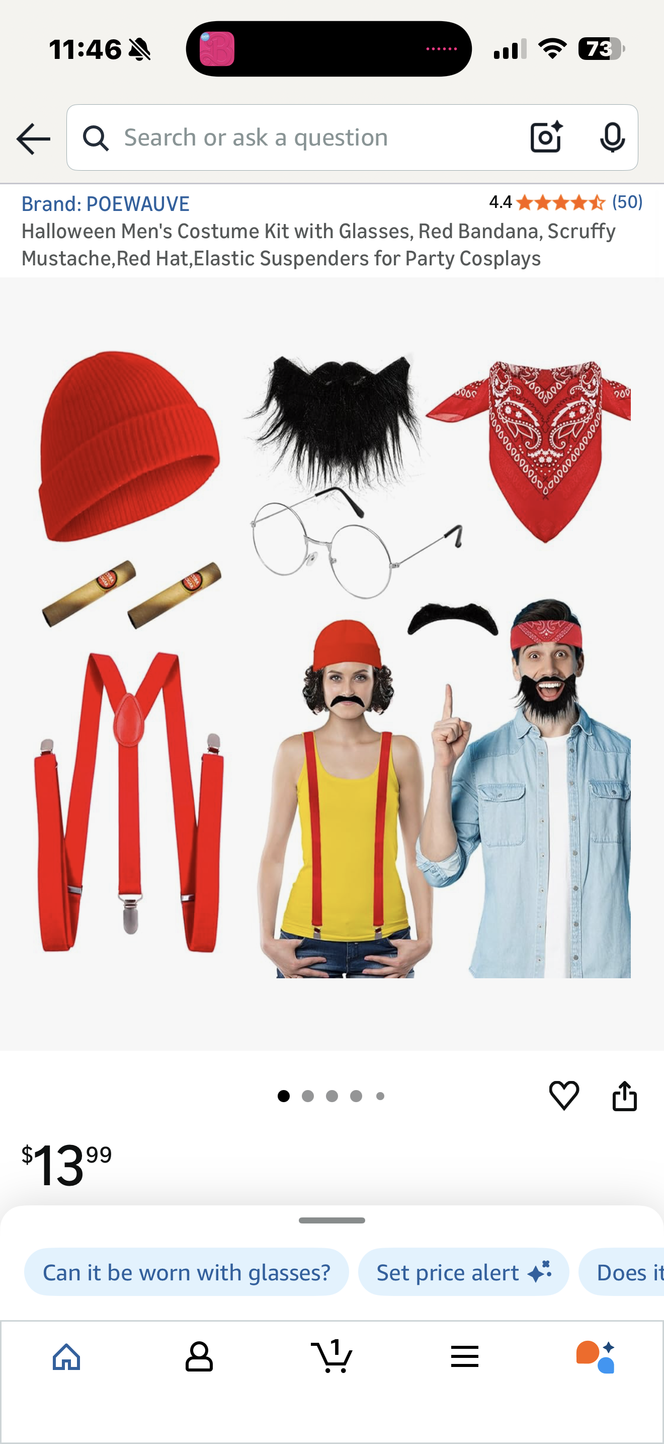 Halloween Men's Costume Kit with Glasses, Red Bandana, Scruffy Mustache,Red Hat,Elastic Suspenders for Party Cosplays