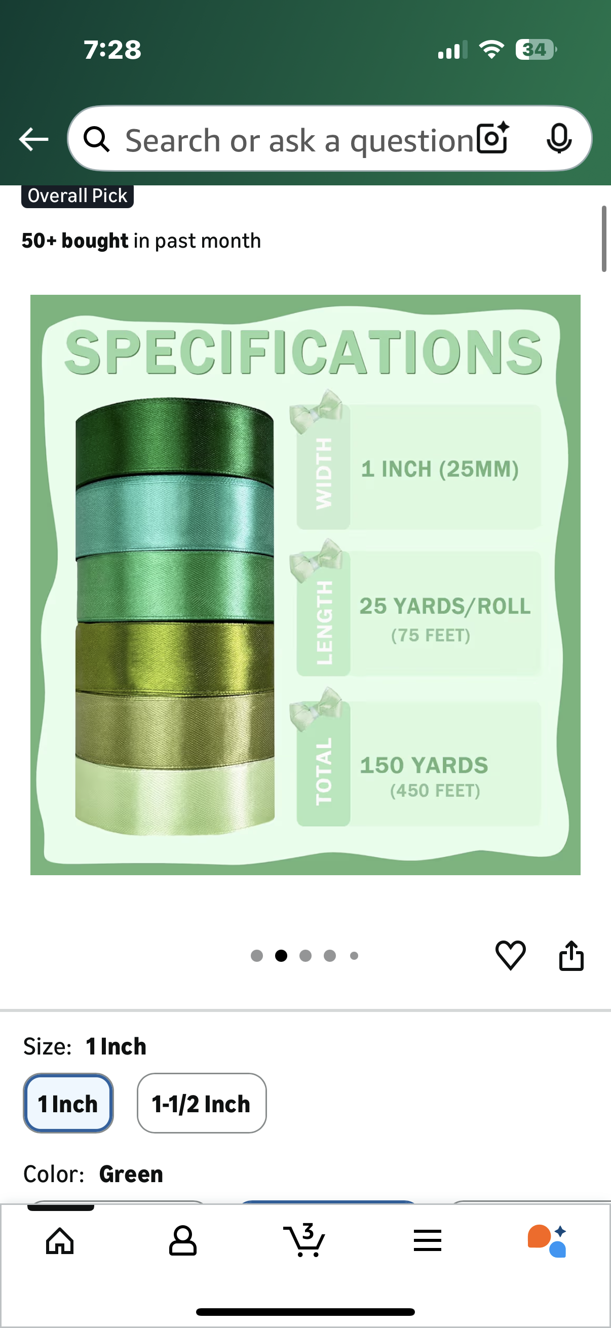 150 Yards Green Satin Ribbon 1 Inch 6 Rolls Assortment Ribbons for Crafts Gift Wrapping Flower Bouquet Wedding Invitations Birthday Party Festival Decoration Hair Bows