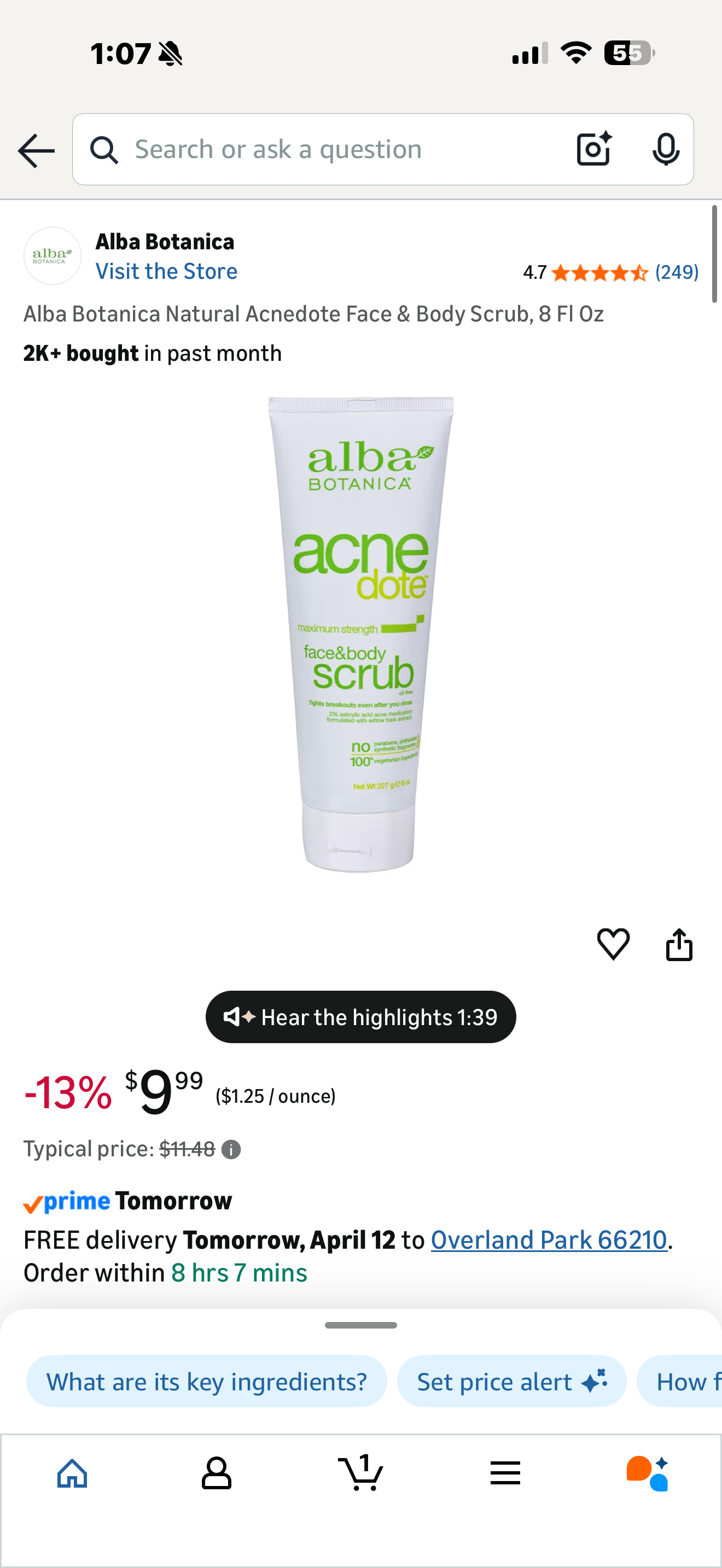 Alba Botanica Natural Acnedote Face & Body Scrub, 8 Fl Oz