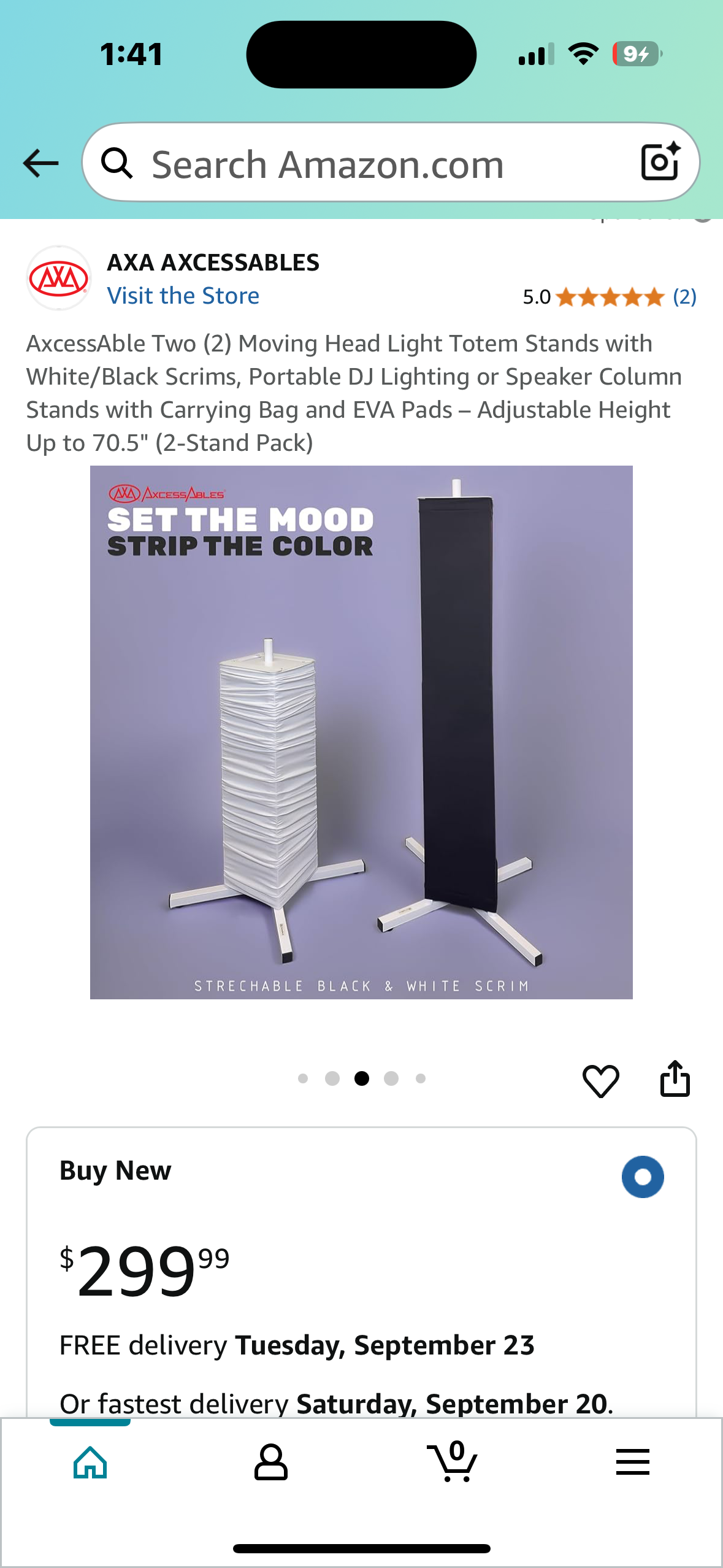 AxcessAble Two (2) Moving Head Light Totem Stands with White/Black Scrims, Portable DJ Lighting or Speaker Column Stands with Carrying Bag and EVA Pads – Adjustable Height Up to 70.5" (2-Stand Pack) (R661)