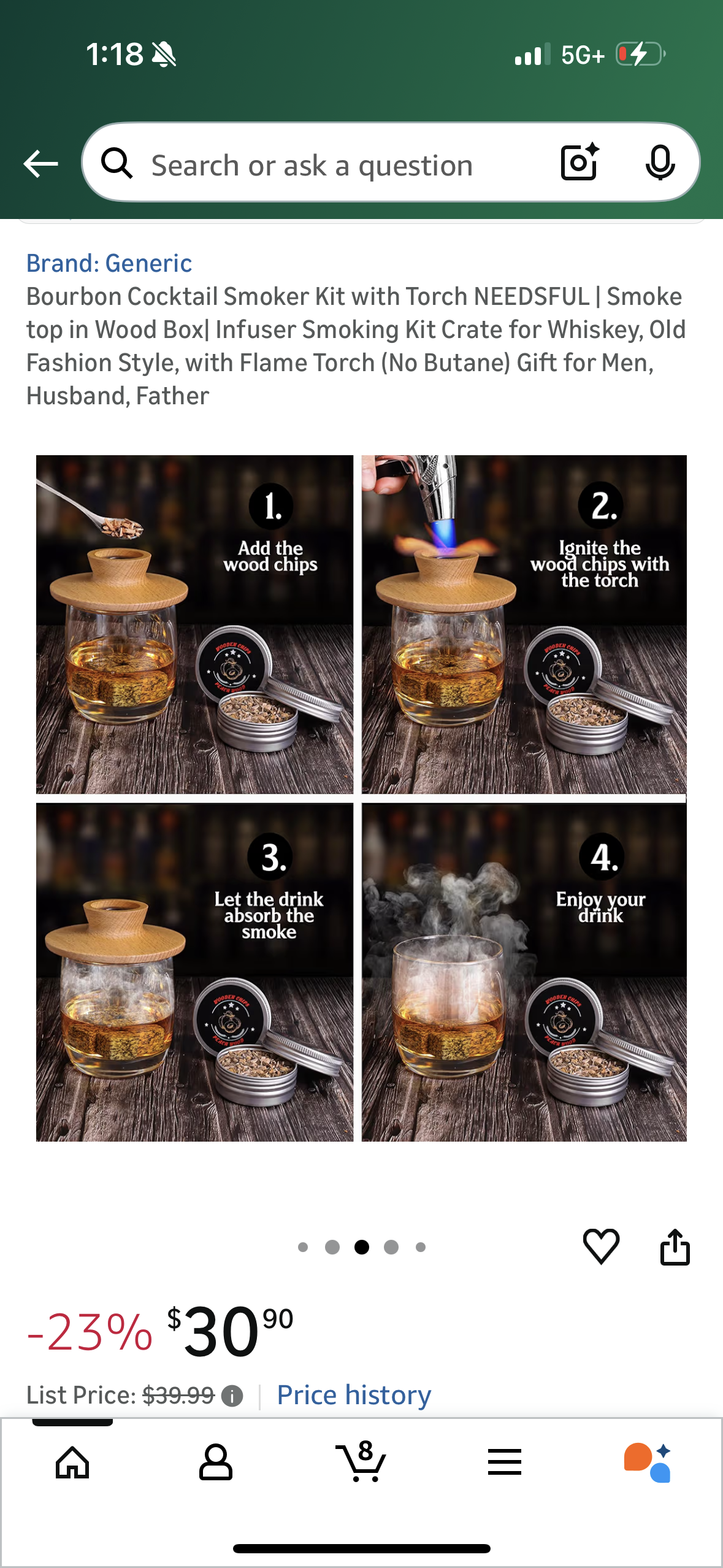 Bourbon Cocktail Smoker Kit with Torch NEEDSFUL | Smoke top in Wood Box| Infuser Smoking Kit Crate for Whiskey, Old Fashion Style, with Flame Torch (No Butane) Gift for Men, Husband, Father