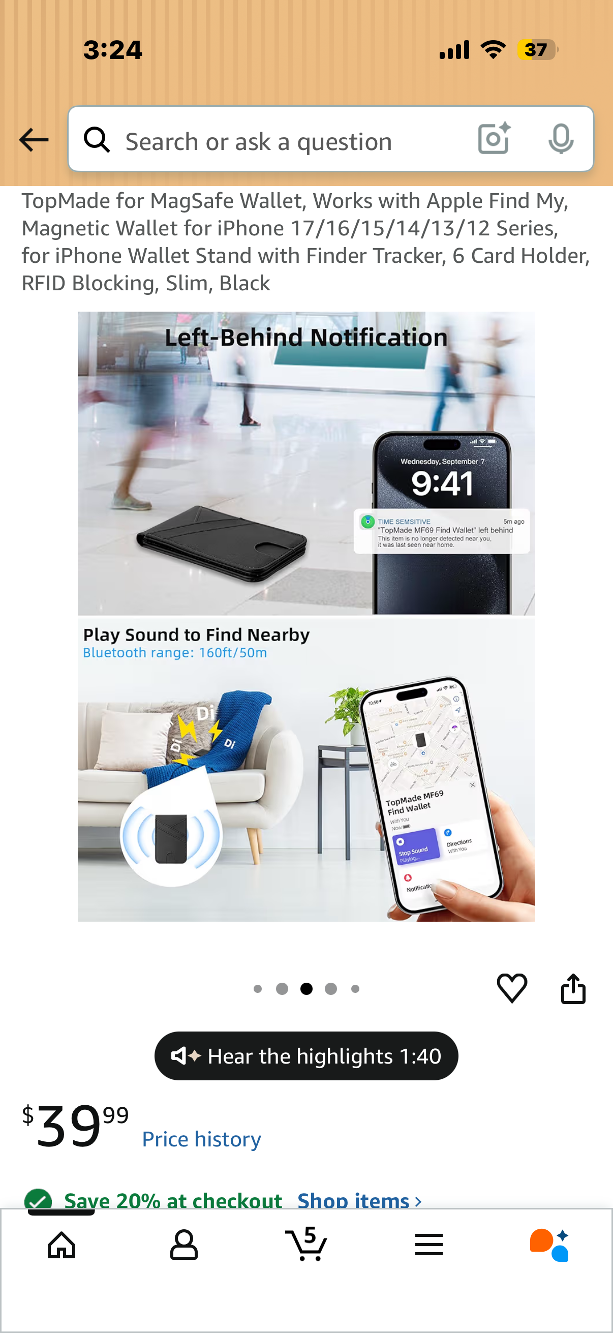 TopMade for MagSafe Wallet, Works with Apple Find My, Magnetic Wallet for iPhone 17/16/15/14/13/12 Series, for iPhone Wallet Stand with Finder Tracker, 6 Card Holder, RFID Blocking, Slim, Black