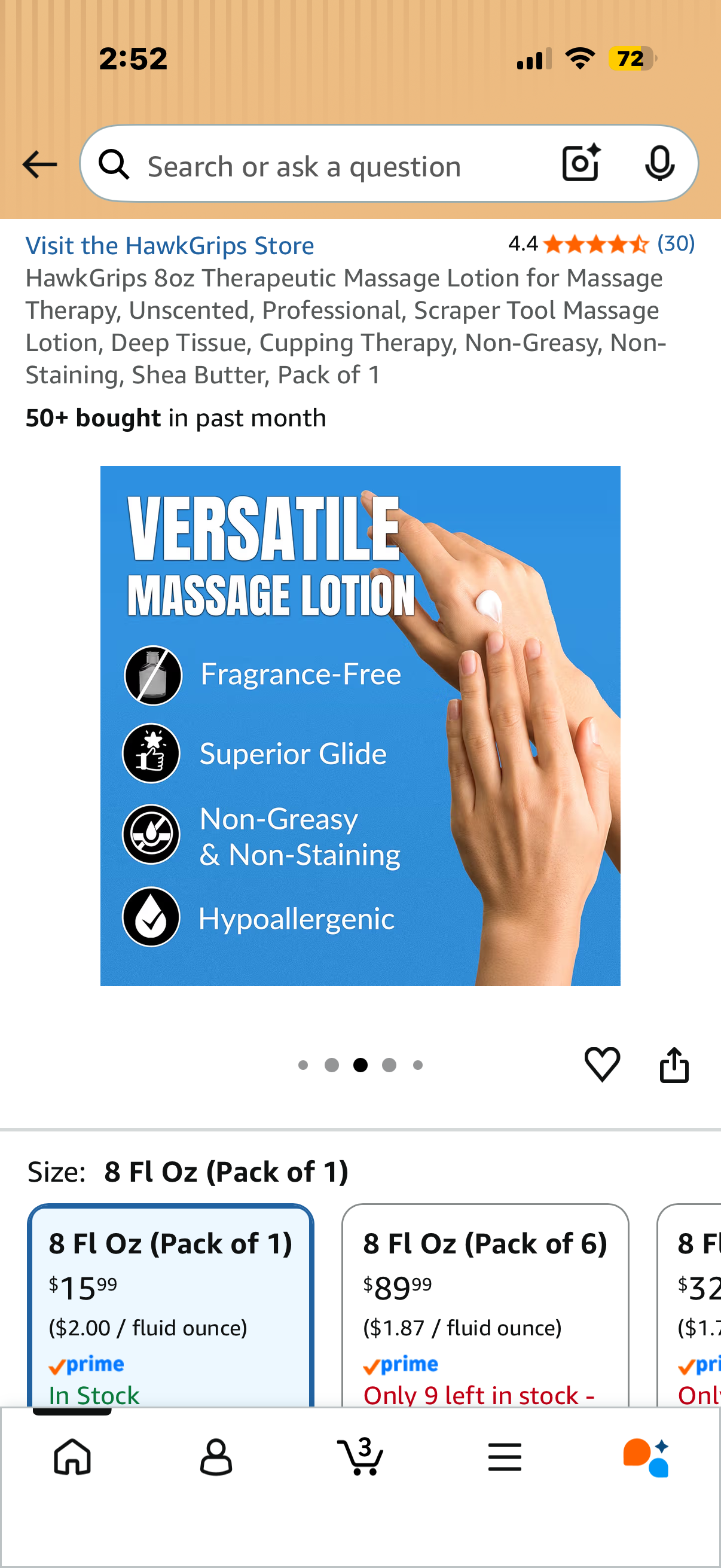 HawkGrips 8oz Therapeutic Massage Lotion for Massage Therapy, Unscented, Professional, Scraper Tool Massage Lotion, Deep Tissue, Cupping Therapy, Non-Greasy, Non-Staining, Shea Butter, Pack of
