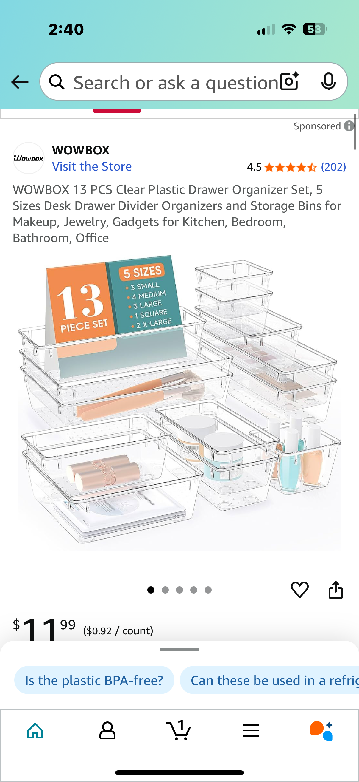 WOWBOX 13 PCS Clear Plastic Drawer Organizer Set, 5 Sizes Desk Drawer Divider Organizers and Storage Bins for Makeup, Jewelry, Gadgets for Kitchen, Bedroom, Bathroom, Office