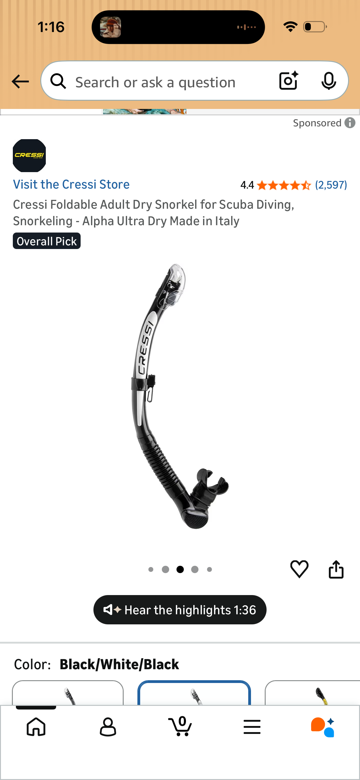 Cressi Foldable Adult Dry Snorkel for Scuba Diving, Snorkeling - Alpha Ultra Dry Made in Italy