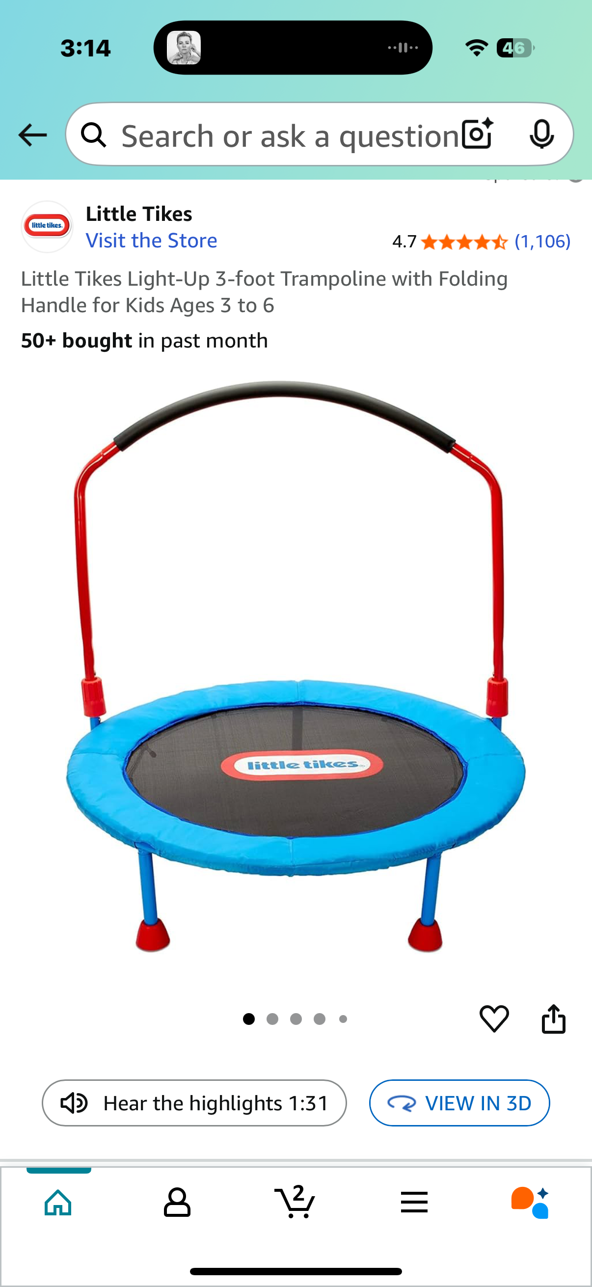 Little Tikes Light-Up 3-foot Trampoline with Folding Handle for Kids Ages 3 to 6