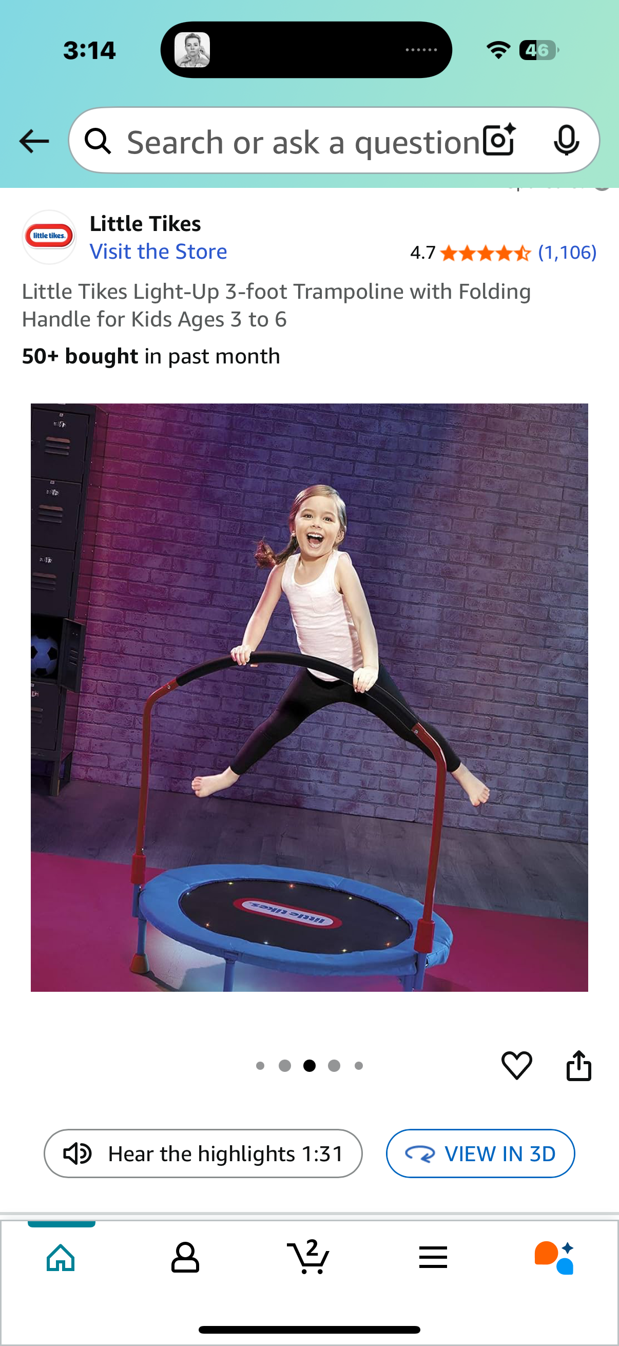Little Tikes Light-Up 3-foot Trampoline with Folding Handle for Kids Ages 3 to 6