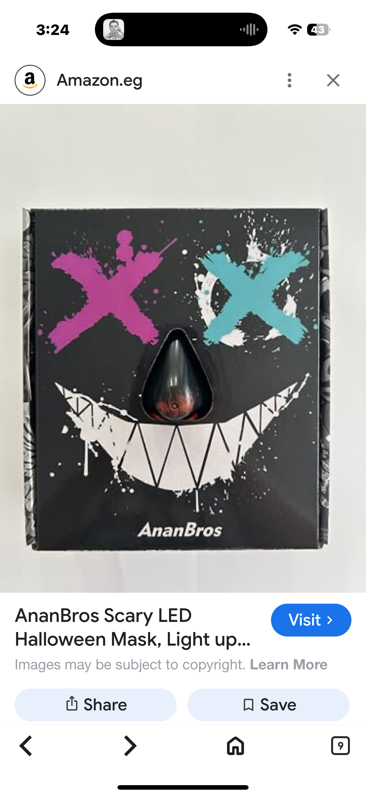 AnanBros Scary LED Halloween Mask, Light up Mask Cosplay, 3 Lighting Modes, Fits All Faces, Unisex - Adults & Kids