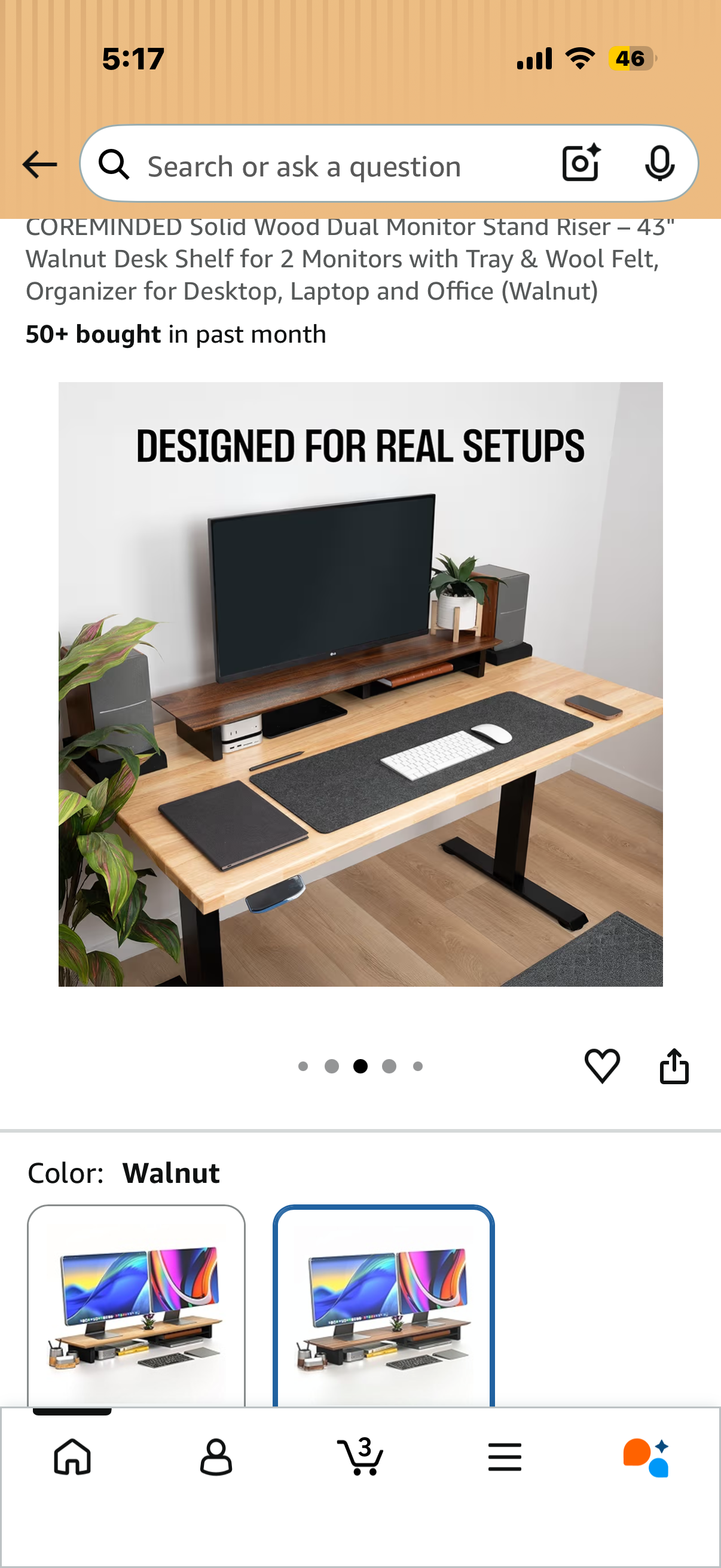 COREMINDED Solid Wood Dual Monitor Stand Riser – 43" Walnut Desk Shelf for 2 Monitors with Tray & Wool Felt, Organizer for Desktop, Laptop and Office (Walnut