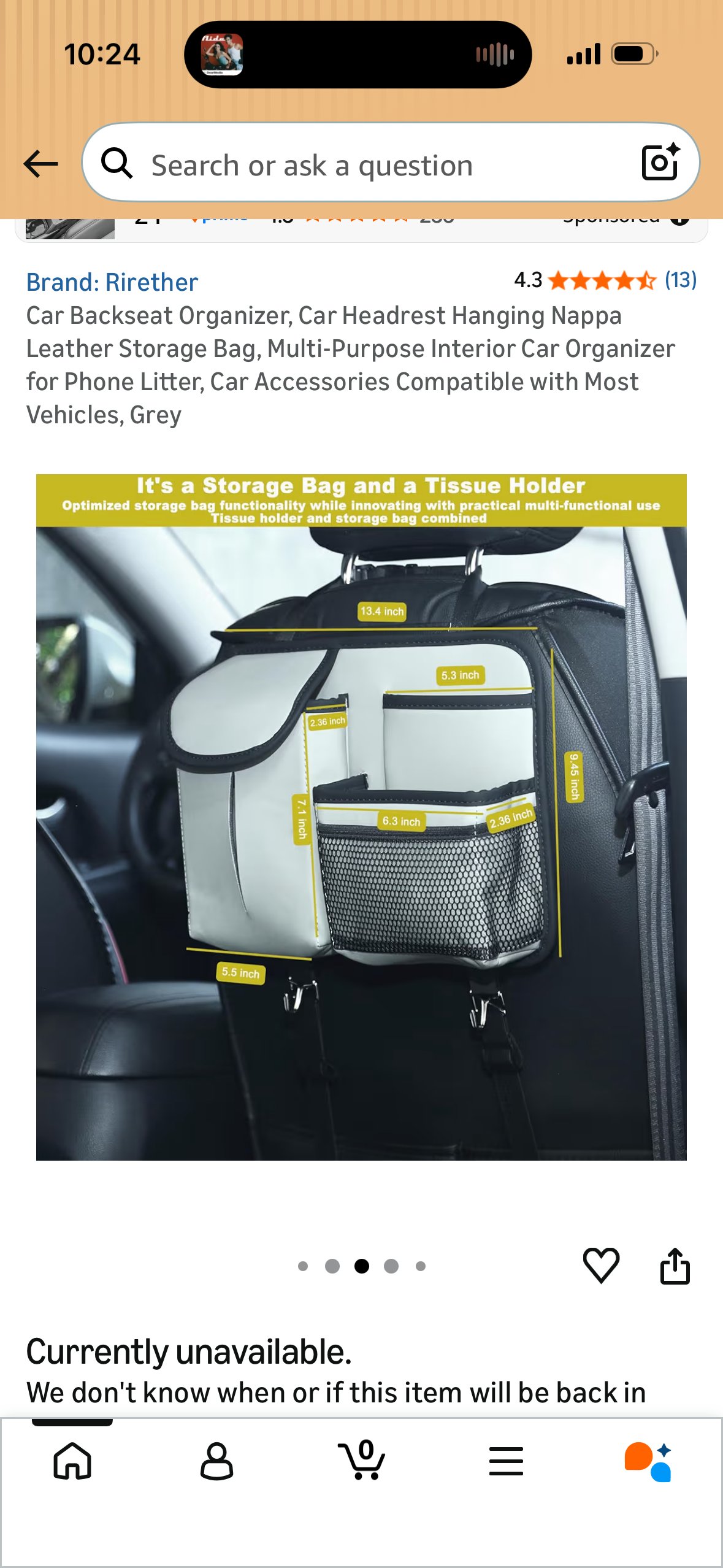 Car Backseat Organizer, Car Headrest Hanging Nappa Leather Storage Bag, Multi-Purpose Interior Car Organizer for Phone Litter, Car Accessories Compatible with Most Vehicles, Grey