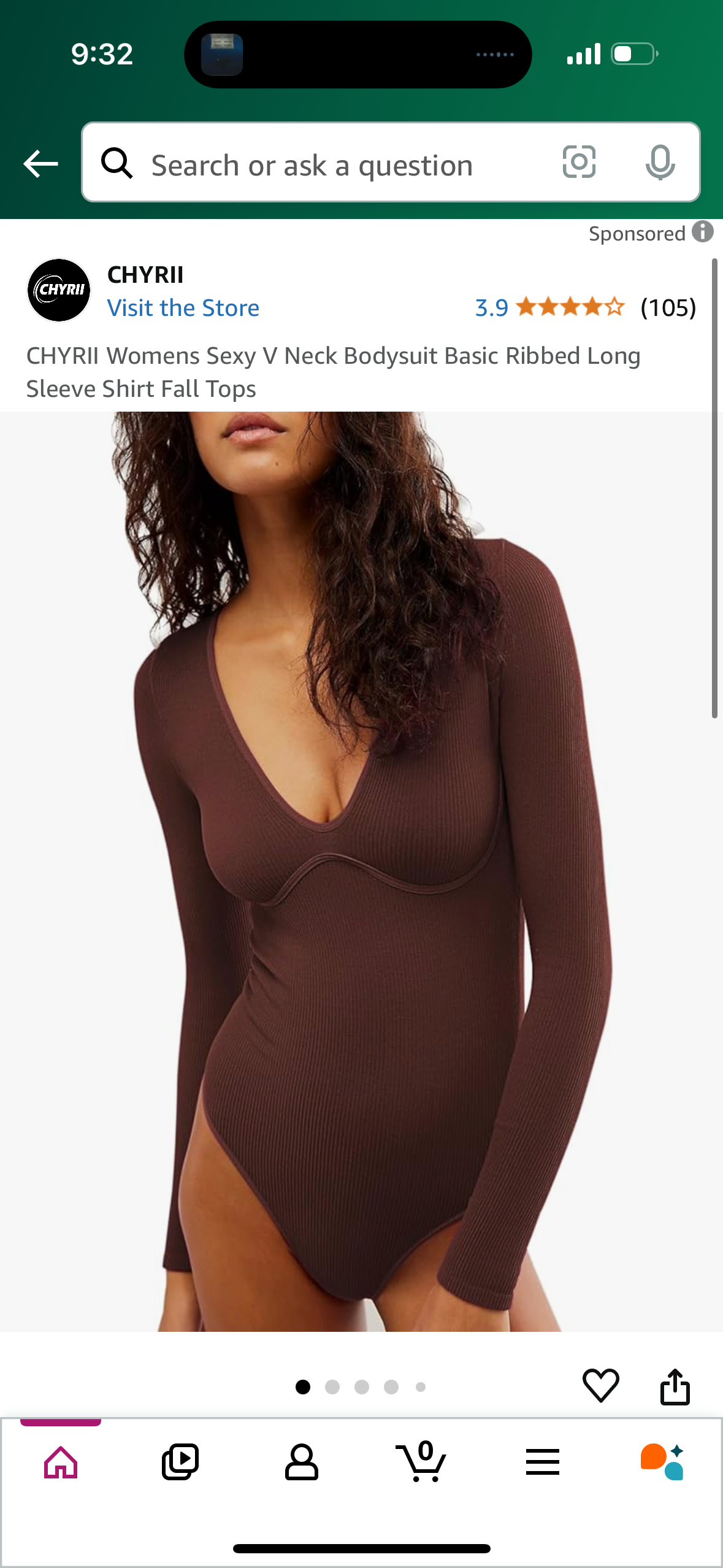 Womens V-Neck Bodysuit Basic Ribbed Long Sleeve (Brown, Large)