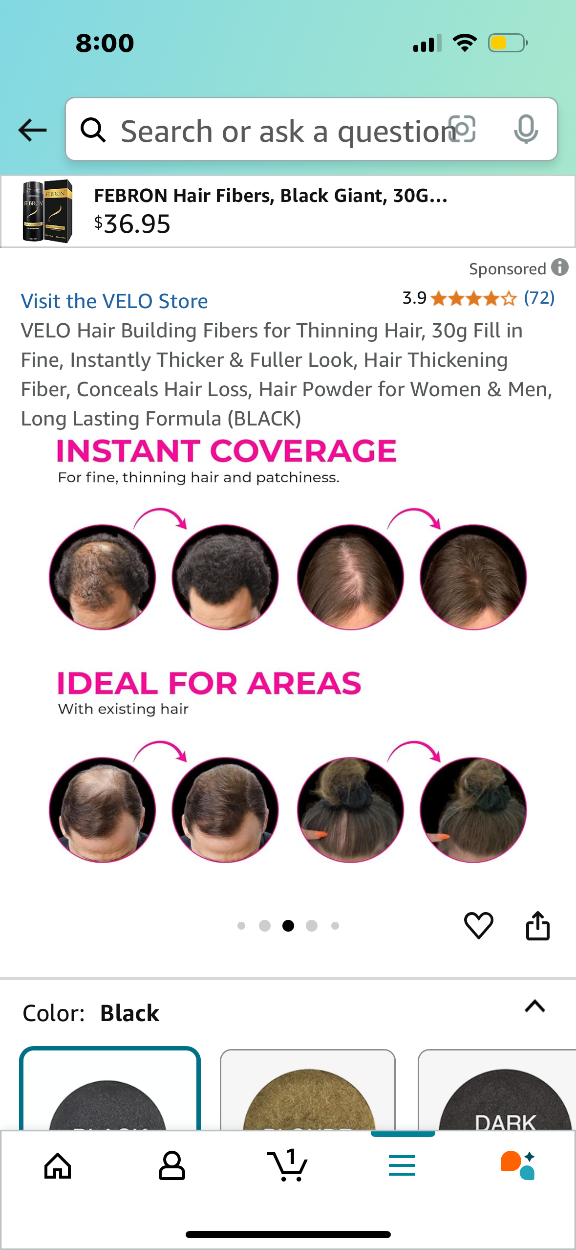 VELO Hair Building Fibers for Thinning Hair, 30g Fill in Fine, Instantly Thicker & Fuller Look, Hair Thickening Fiber, Conceals Hair Loss, Hair Powder for Women & Men, Long Lasting Formula (BLACK