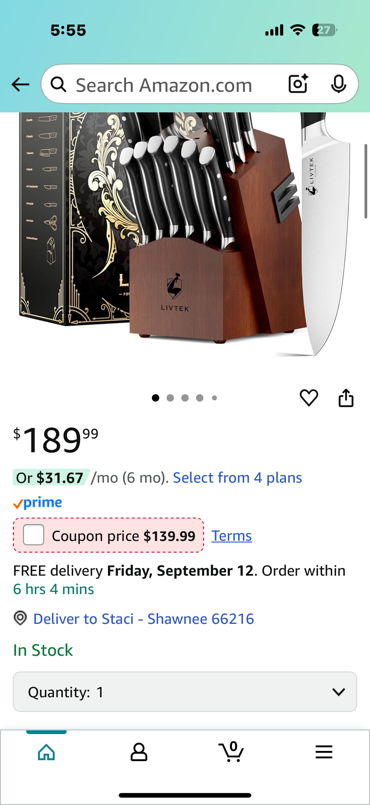 Livtek Knife Set with Block - Kitchen Knife Set German High-Carbon Stainless Steel with Built-in Sharpener - Full Tang, Triple-Rivet Ergonomic Handle - Holiday Gift Idea - 15-Piece, Falcon Series