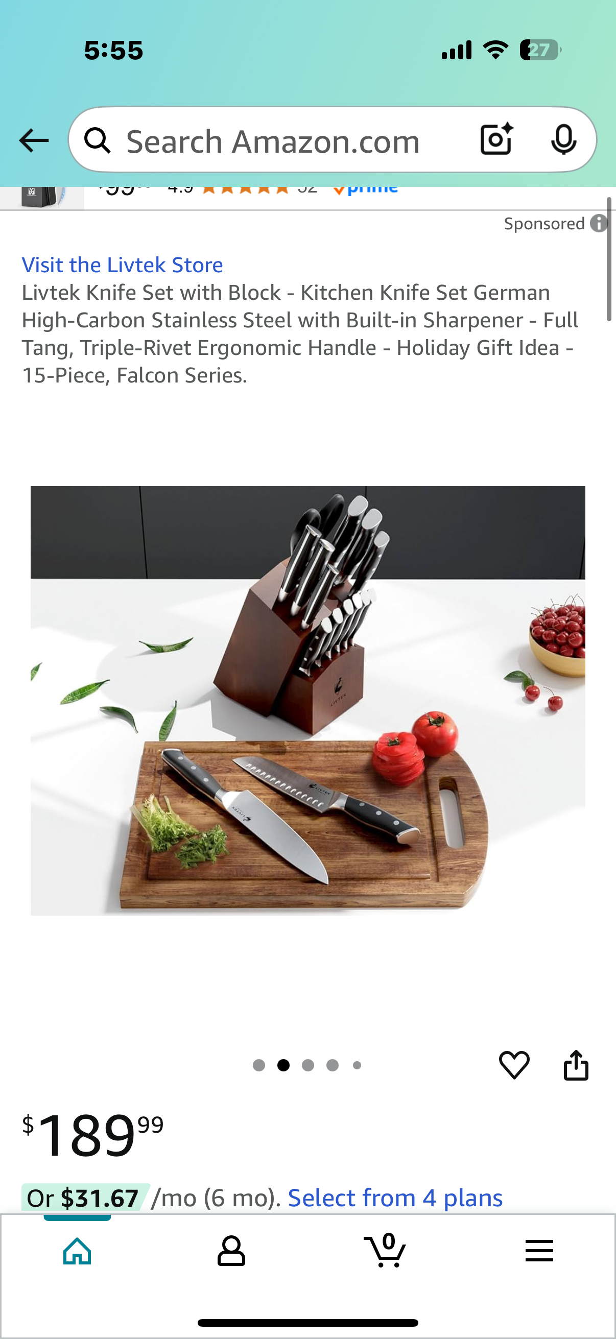 Livtek Knife Set with Block - Kitchen Knife Set German High-Carbon Stainless Steel with Built-in Sharpener - Full Tang, Triple-Rivet Ergonomic Handle - Holiday Gift Idea - 15-Piece, Falcon Series