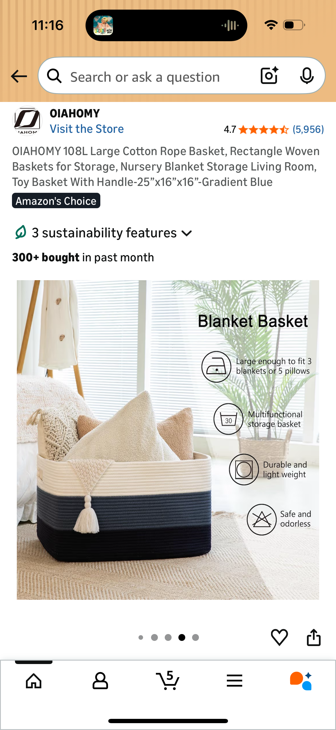 OIAHOMY 108L Large Cotton Rope Basket, Rectangle Woven Baskets for Storage, Nursery Blanket Storage Living Room, Toy Basket With Handle-25”x16”x16”-Gradient Blue