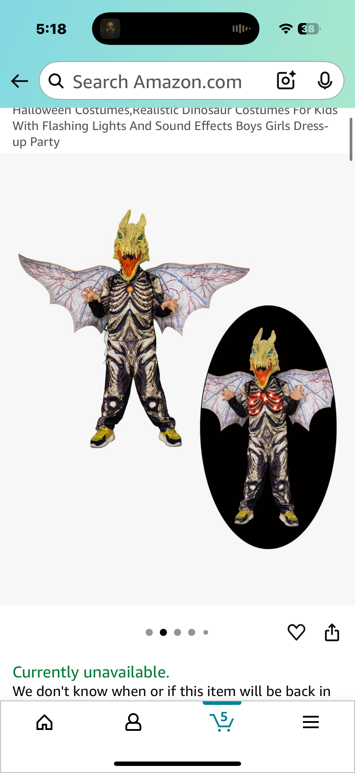 Realistic Dinosaur/Dragon Costume with Flashing Lights and Sound Effects For Kids (Size 8-10 years)
