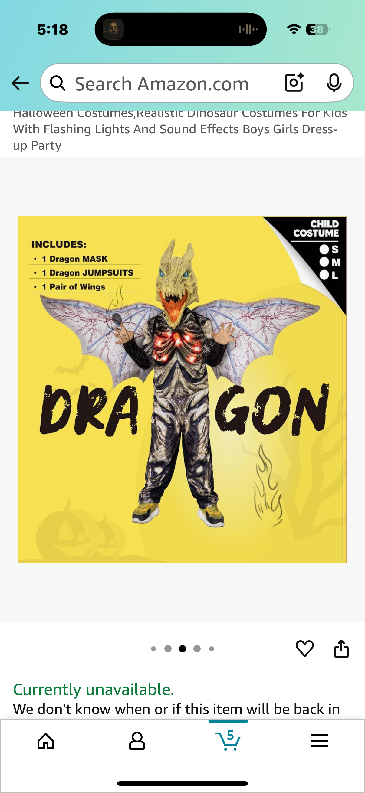 Realistic Dinosaur/Dragon Costume with Flashing Lights and Sound Effects For Kids (Size 8-10 years)