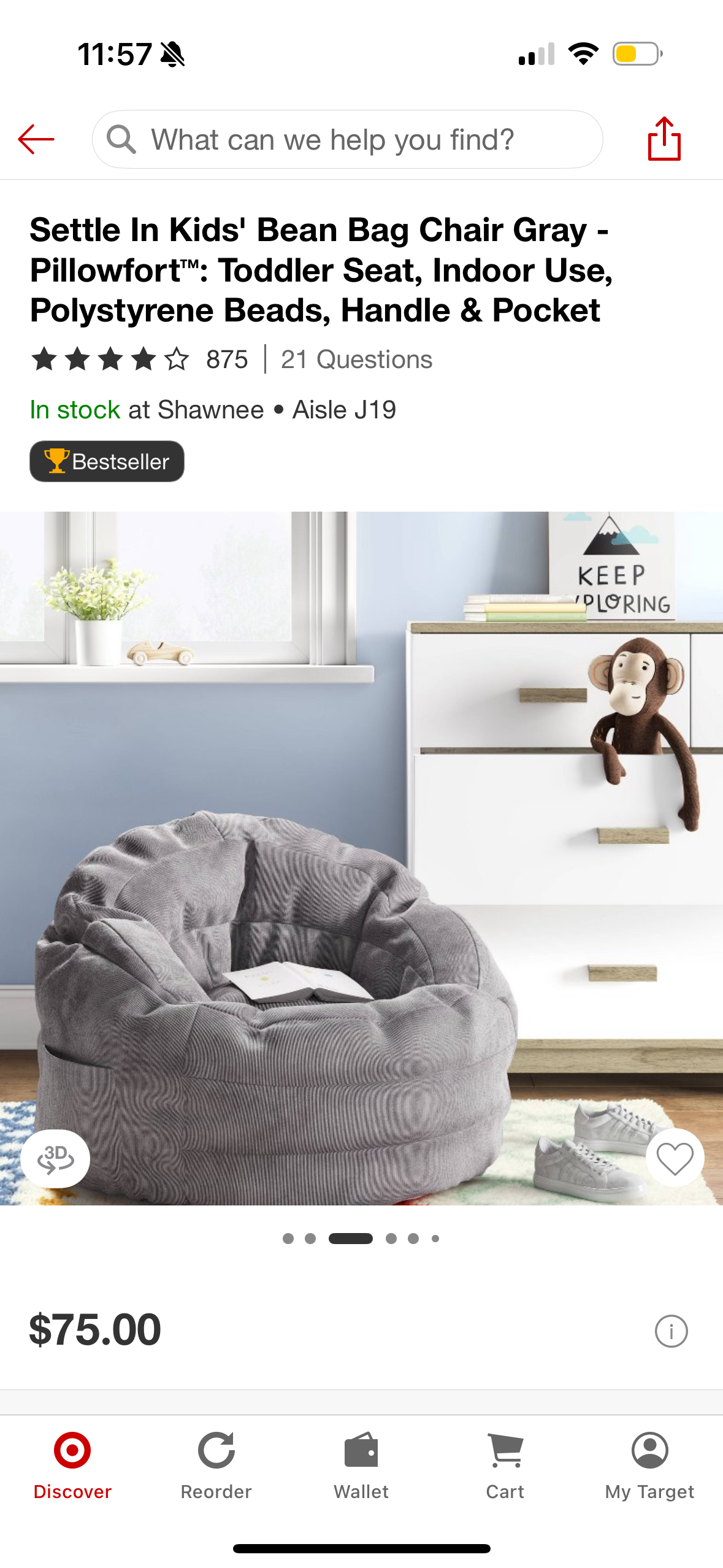 Settle In Kids' Bean Bag Chair Gray - Pillowfort™: Toddler Seat, Indoor Use, Polystyrene Beads, Handle & Pocket
