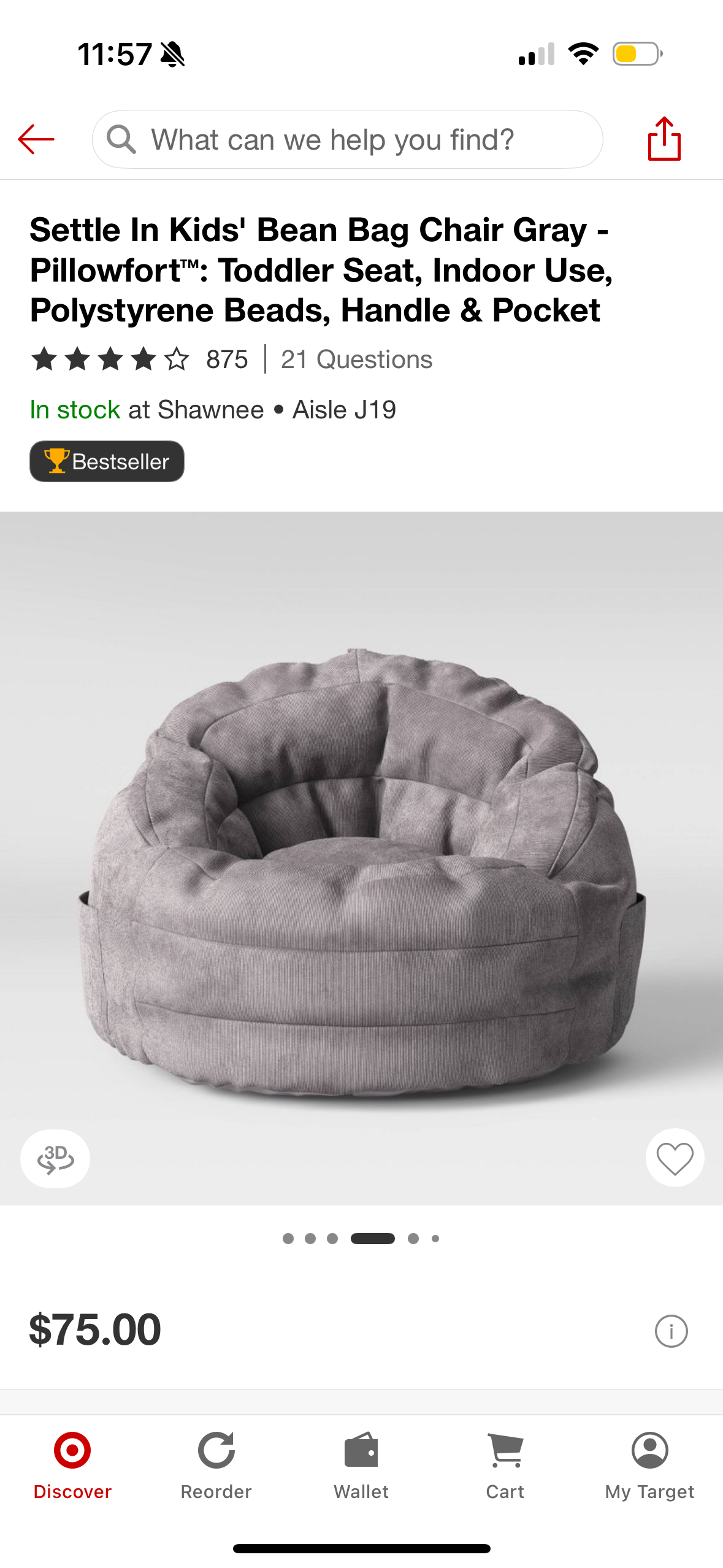 Settle In Kids' Bean Bag Chair Gray - Pillowfort™: Toddler Seat, Indoor Use, Polystyrene Beads, Handle & Pocket