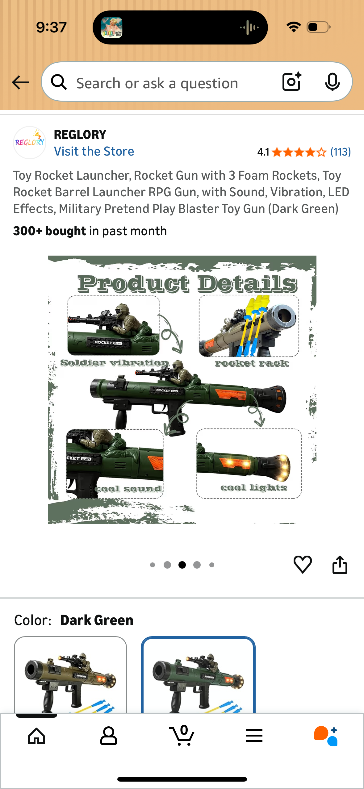 Toy Rocket Launcher, Rocket Gun with 3 Foam Rockets, Toy Rocket Barrel Launcher RPG Gun, with Sound, Vibration, LED Effects, Military Pretend Play Blaster Toy Gun (Dark Green)