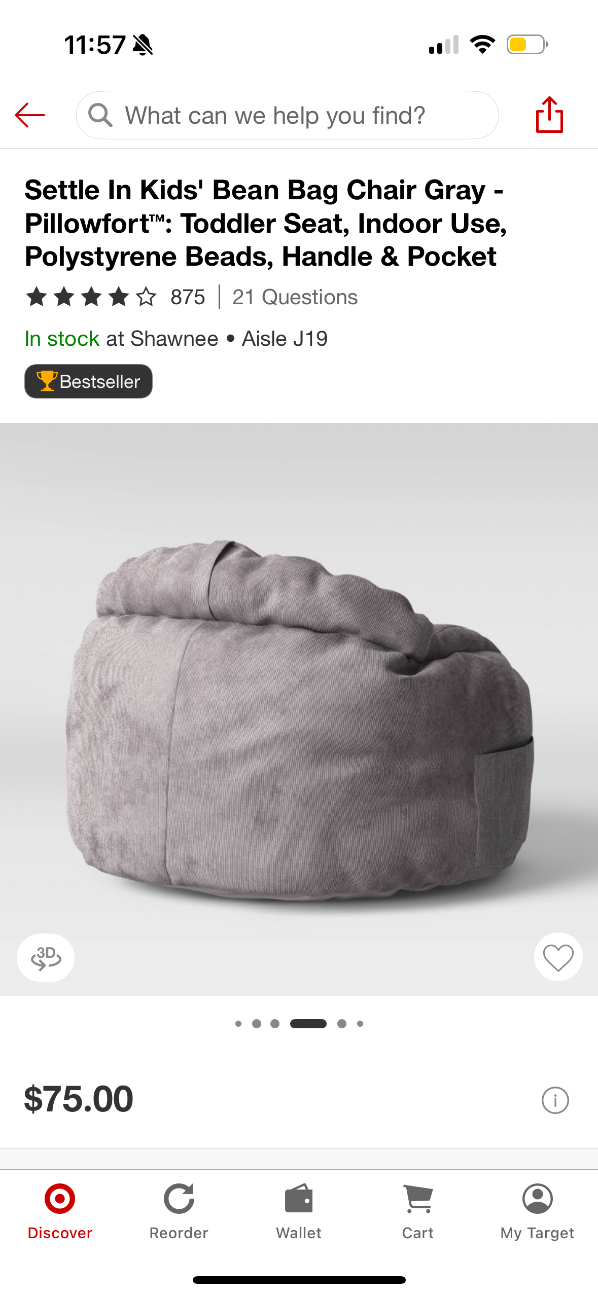 Settle In Kids' Bean Bag Chair Gray - Pillowfort™: Toddler Seat, Indoor Use, Polystyrene Beads, Handle & Pocket