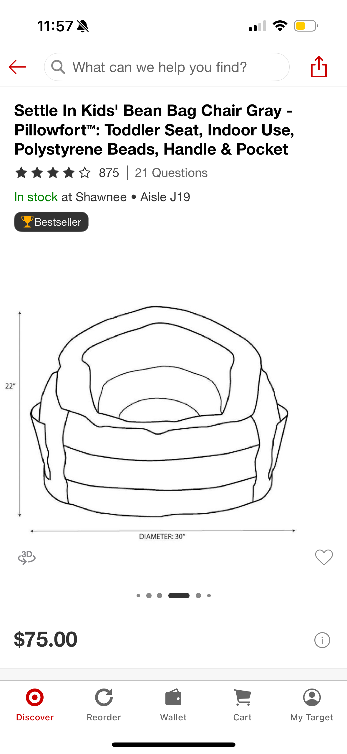 Settle In Kids' Bean Bag Chair Gray - Pillowfort™: Toddler Seat, Indoor Use, Polystyrene Beads, Handle & Pocket