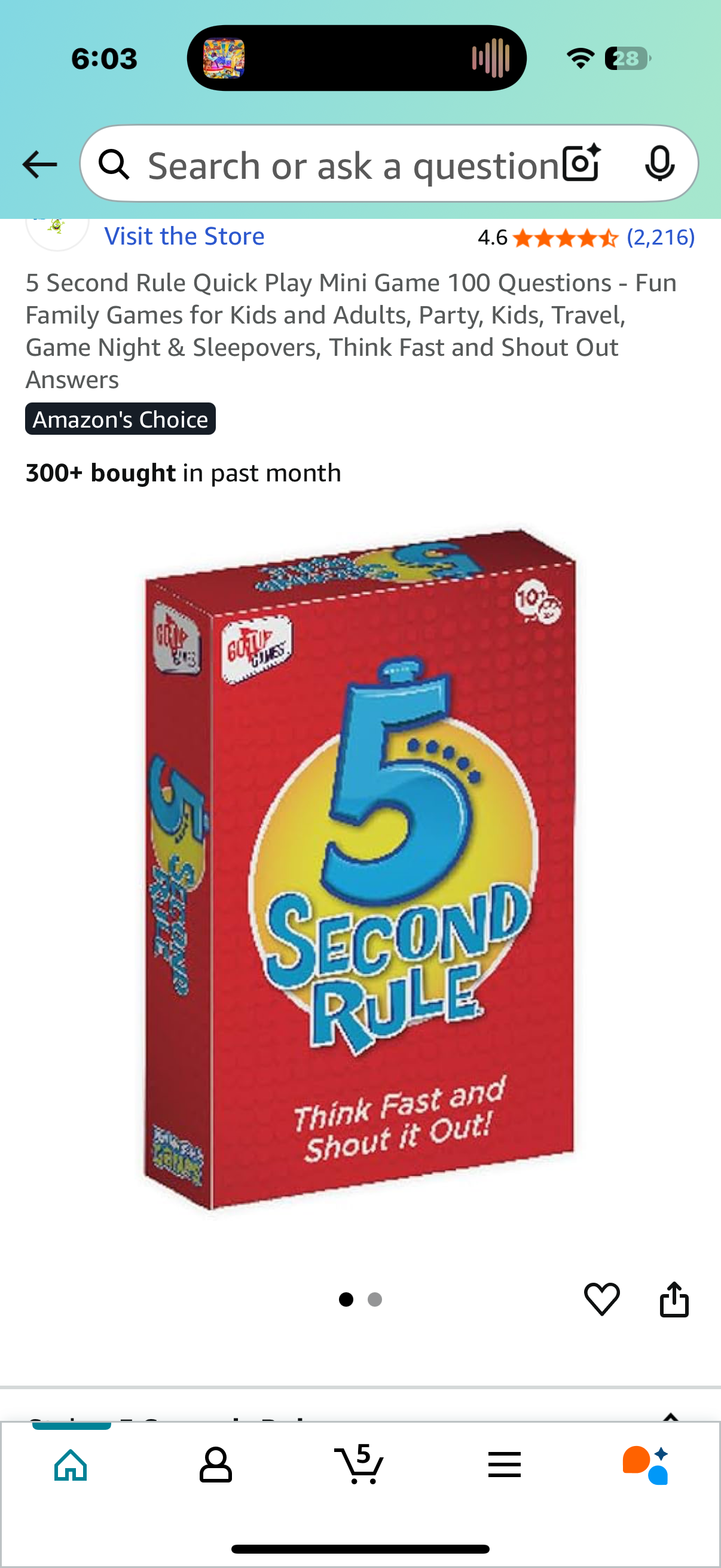 5 Second Rule Quick Play Mini Game 100 Questions - Fun Family Games for Kids and Adults, Party, Kids, Travel, Game Night & Sleepovers, Think Fast and Shout Out Answers