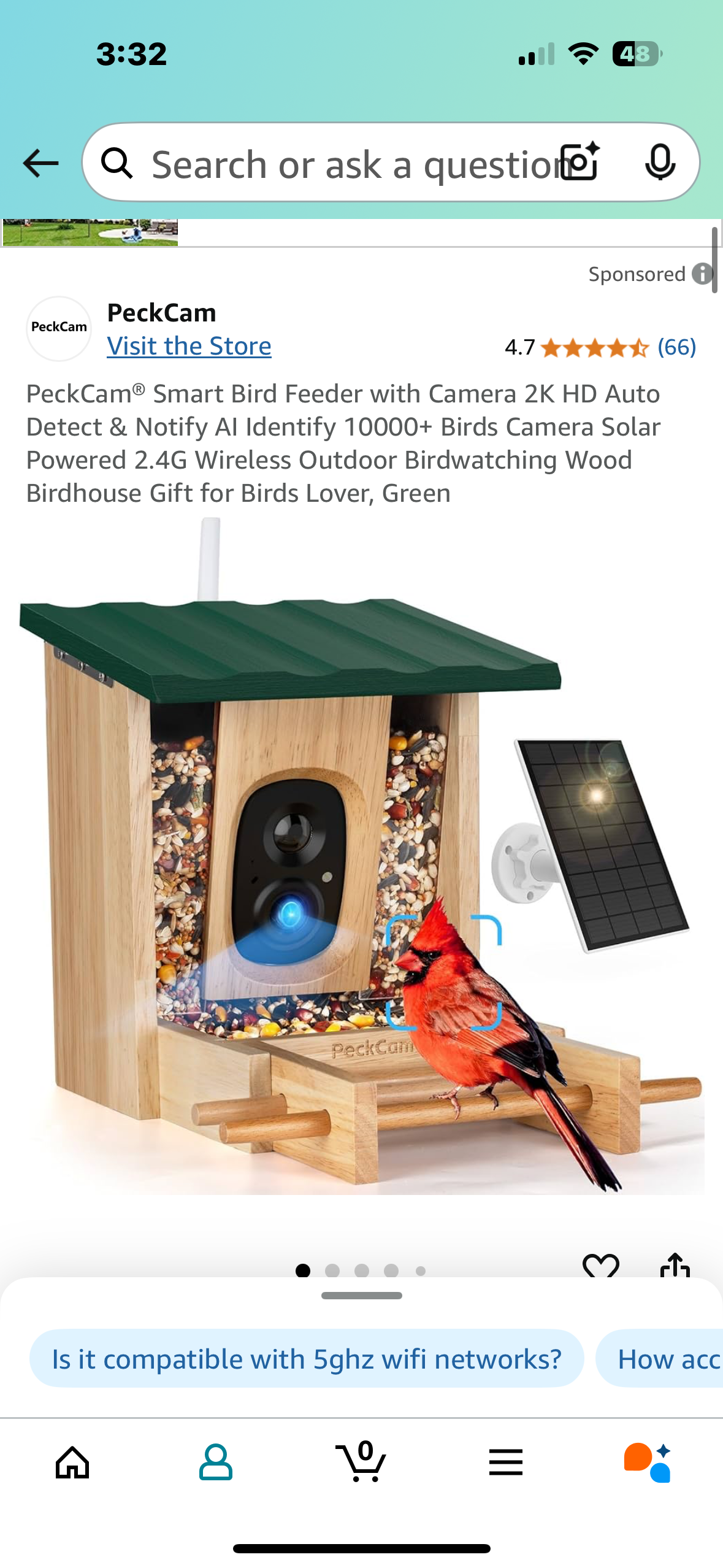 PeckCam® Smart Bird Feeder with Camera 2K HD Auto Detect & Notify AI Identify 10000+ Birds Camera Solar Powered 2.4G Wireless Outdoor Birdwatching Wood Birdhouse Gift for Birds Lover, Green