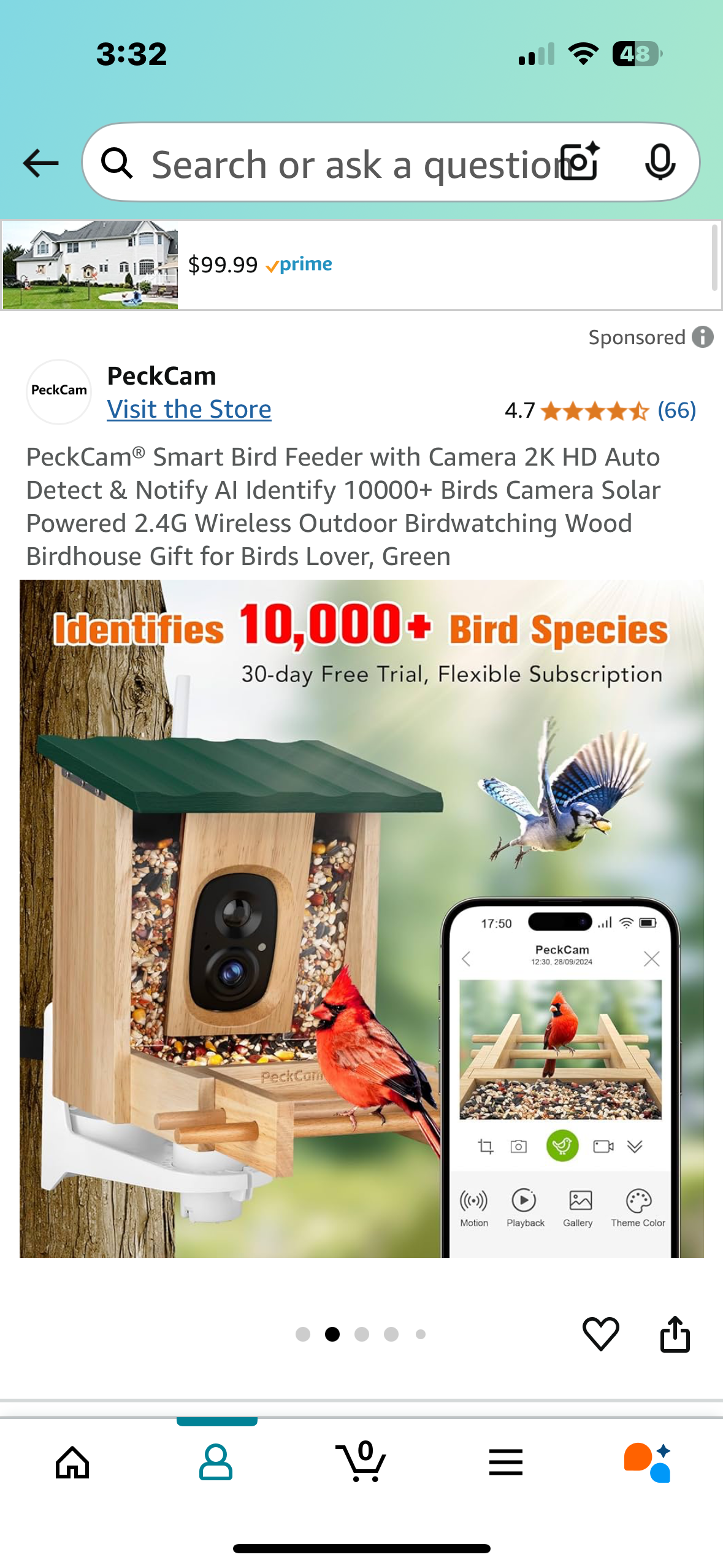 PeckCam® Smart Bird Feeder with Camera 2K HD Auto Detect & Notify AI Identify 10000+ Birds Camera Solar Powered 2.4G Wireless Outdoor Birdwatching Wood Birdhouse Gift for Birds Lover, Green