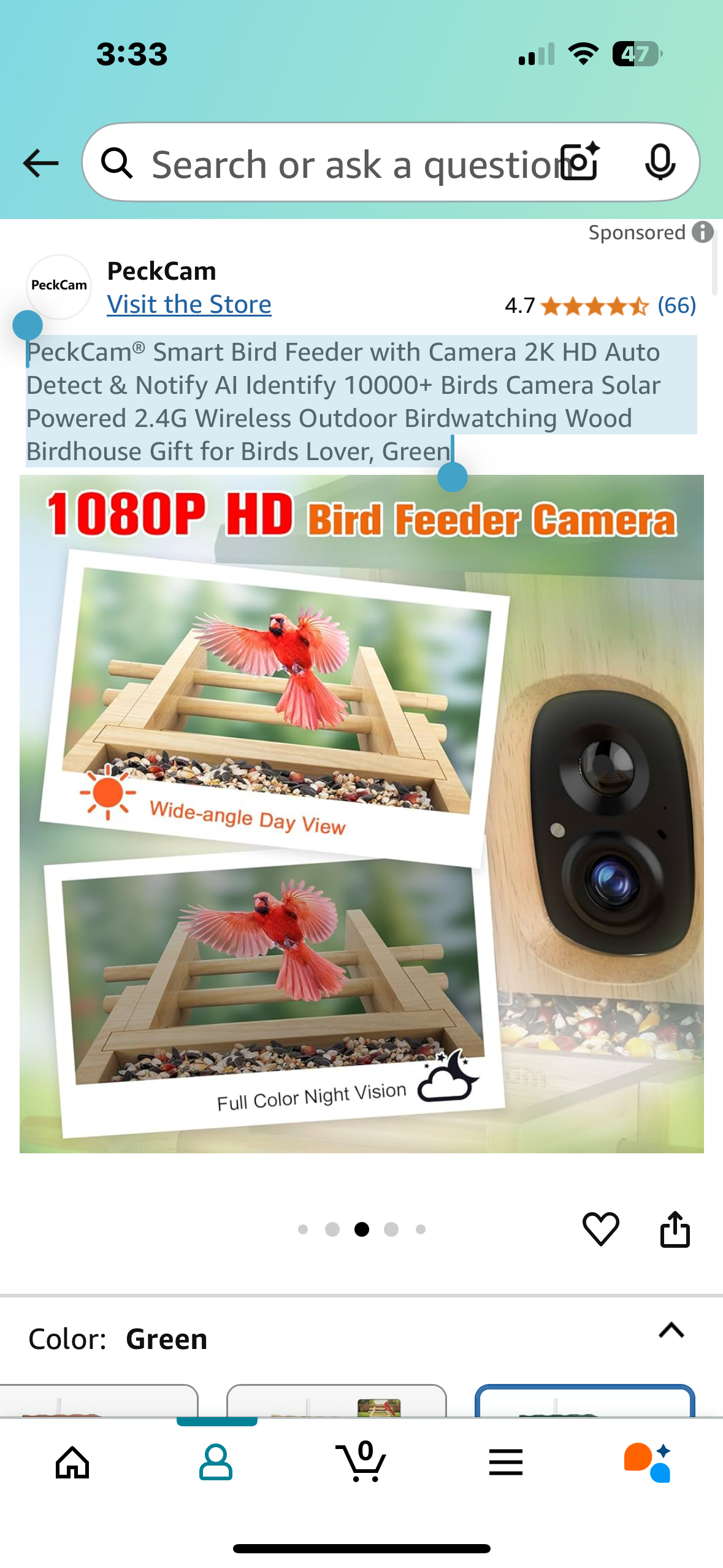 PeckCam® Smart Bird Feeder with Camera 2K HD Auto Detect & Notify AI Identify 10000+ Birds Camera Solar Powered 2.4G Wireless Outdoor Birdwatching Wood Birdhouse Gift for Birds Lover, Green