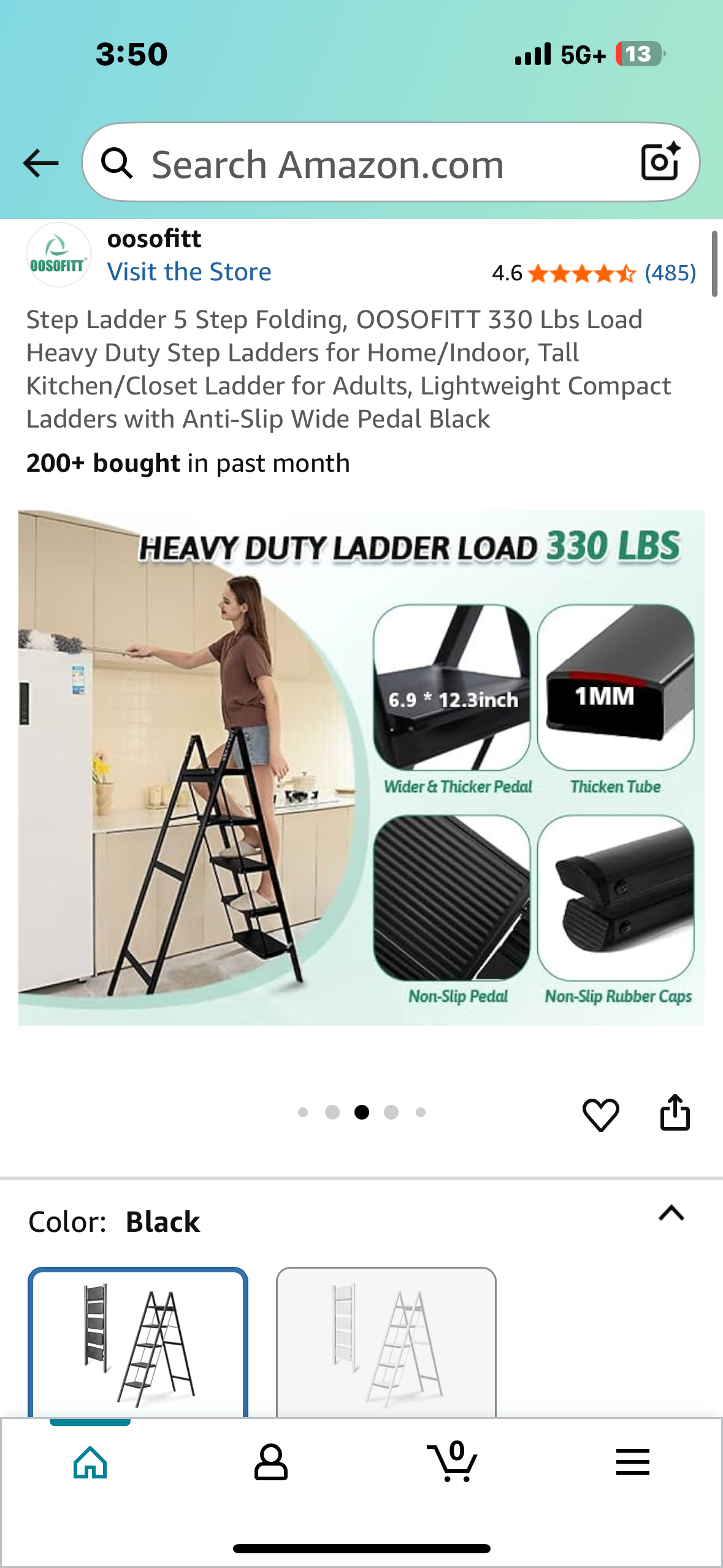 5 Step Folding Step Ladder, 330 Lb Load, Heavy Duty Step Ladder for Home/Indoor, Tall Kitchen/Closet Ladder for Adults, Lightweight Compact Ladder with Anti-Slip Wide Pedal Black (G856)