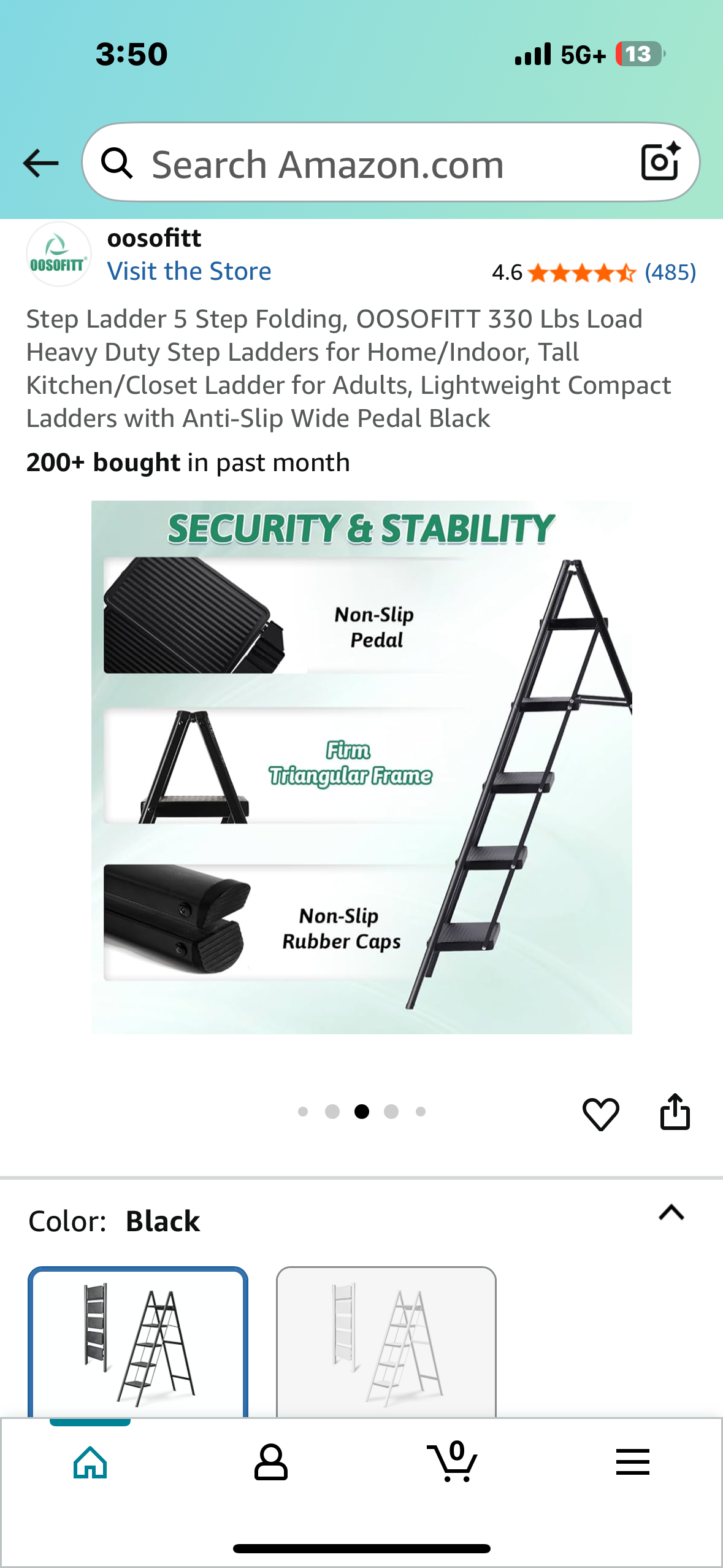 5 Step Folding Step Ladder, 330 Lb Load, Heavy Duty Step Ladder for Home/Indoor, Tall Kitchen/Closet Ladder for Adults, Lightweight Compact Ladder with Anti-Slip Wide Pedal Black (G856)